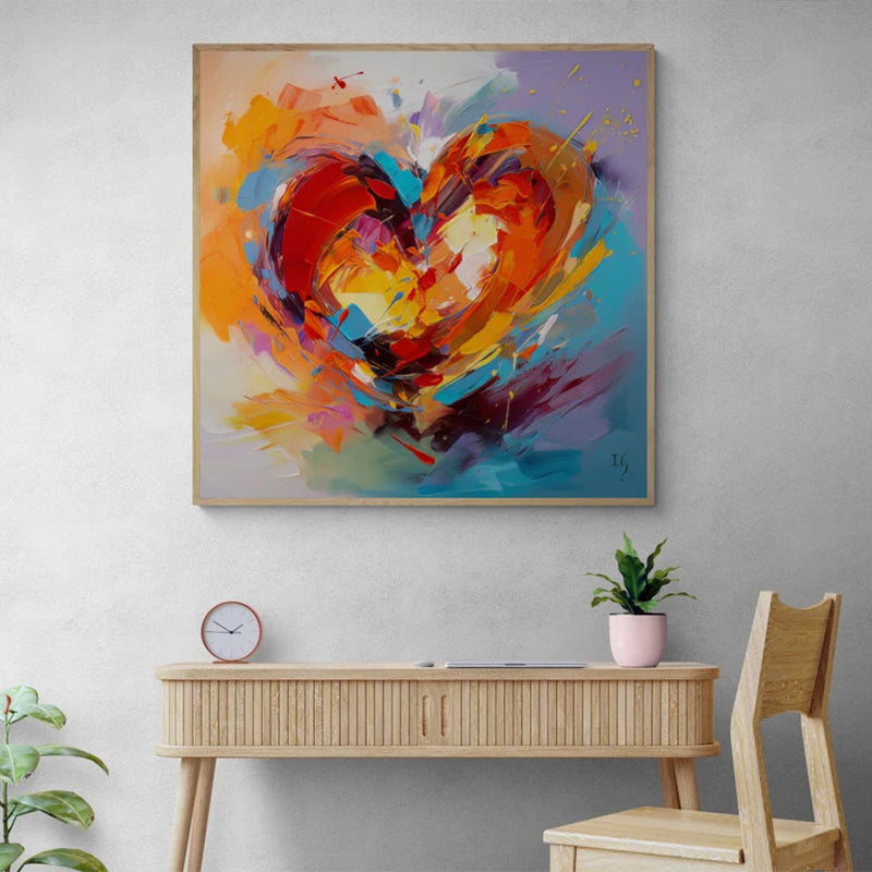 Vibrant abstract heart canvas in a home office, blending motivation with art, ideal for stimulating creativity and focus.