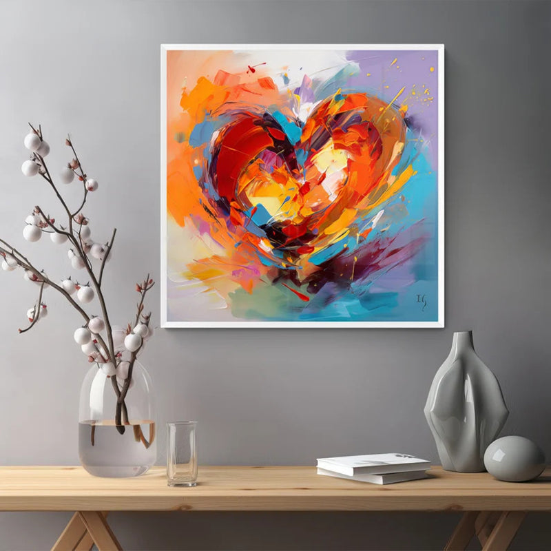 Abstract heart painting above a minimalist desk, injecting color and inspiration into a home office, perfect for invigorating workspaces.