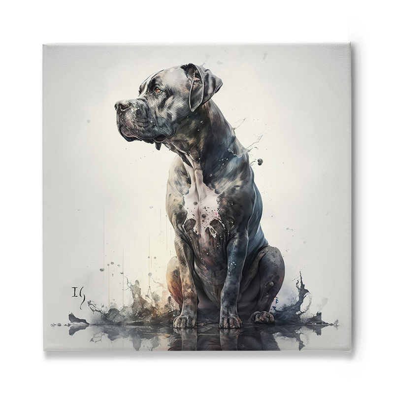 Artistic representation of a powerful mastiff dog – blending realism with abstract watercolor splatters.