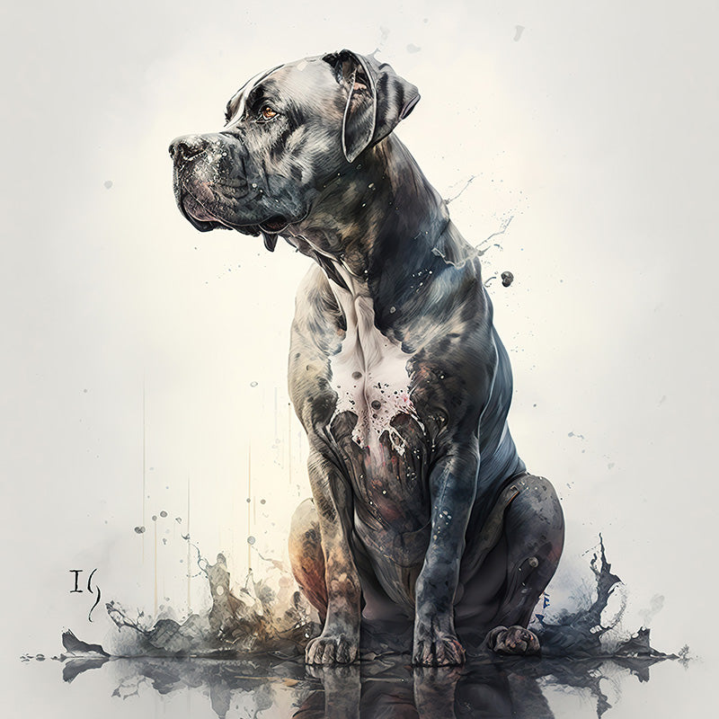 Majestic mastiff art piece with ethereal watercolor splashes – the fusion of strength and elegance.