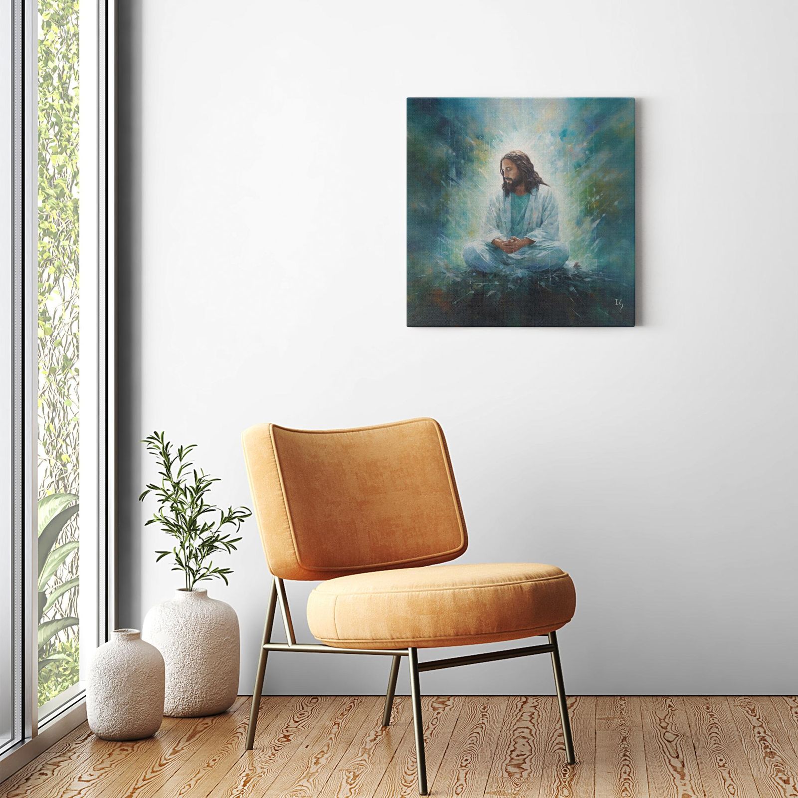 Jesus Serene Meditation artwork detail - smiling Jesus painting wall art