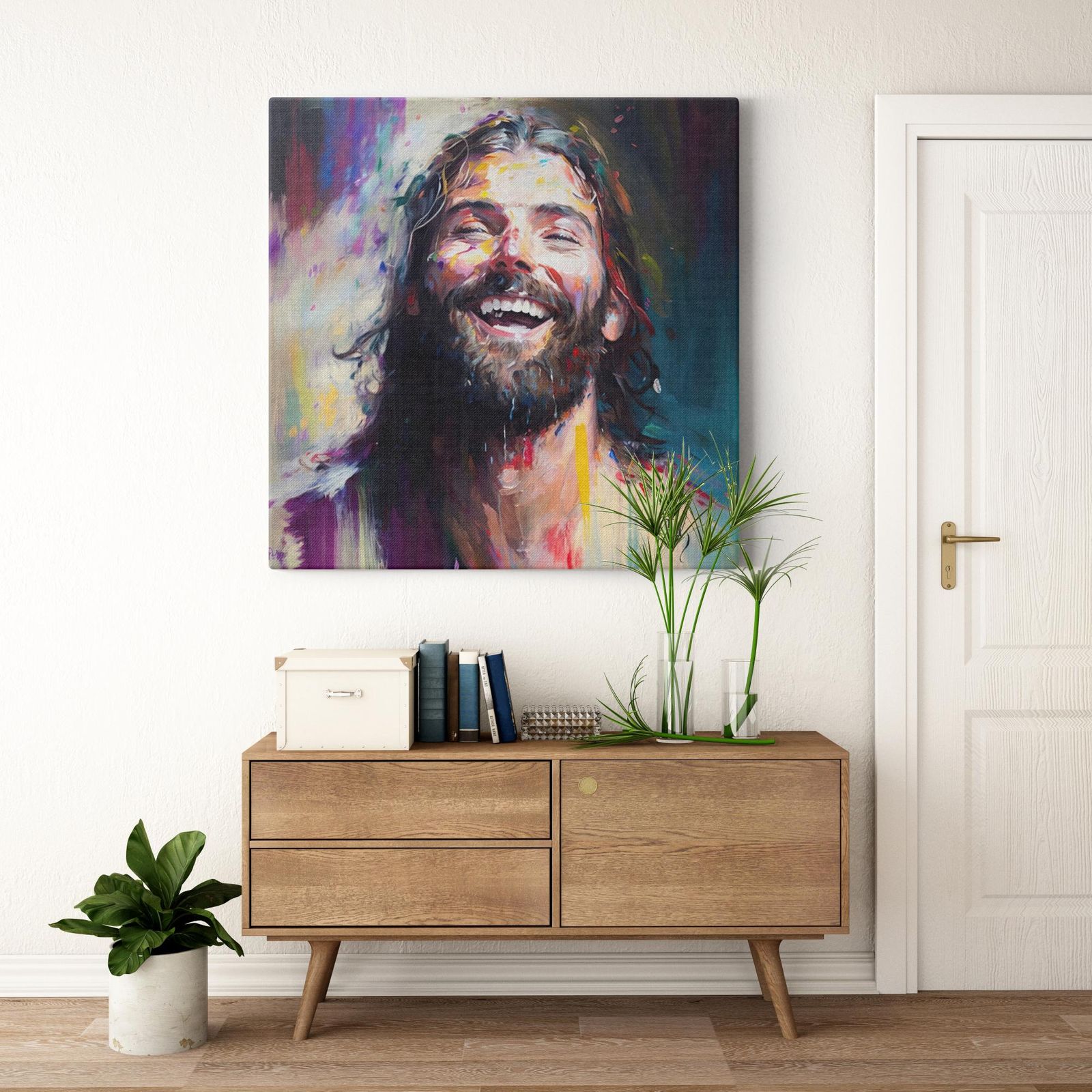 Jesus- Celestial Laughter artwork detail - smiling Jesus painting wall art