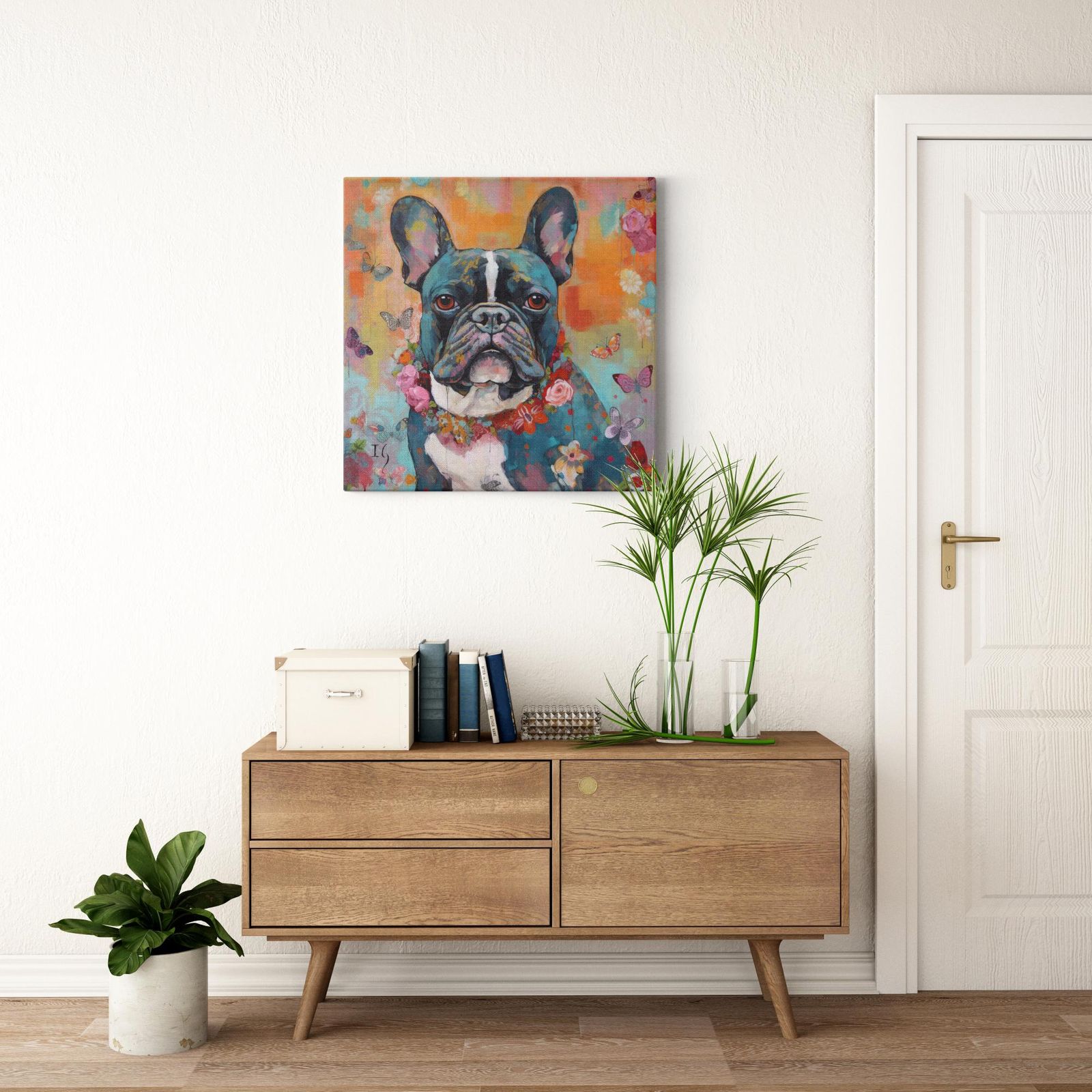 Blossoming Bulldog Brilliance artwork detail - colorful pet portrait art wall art