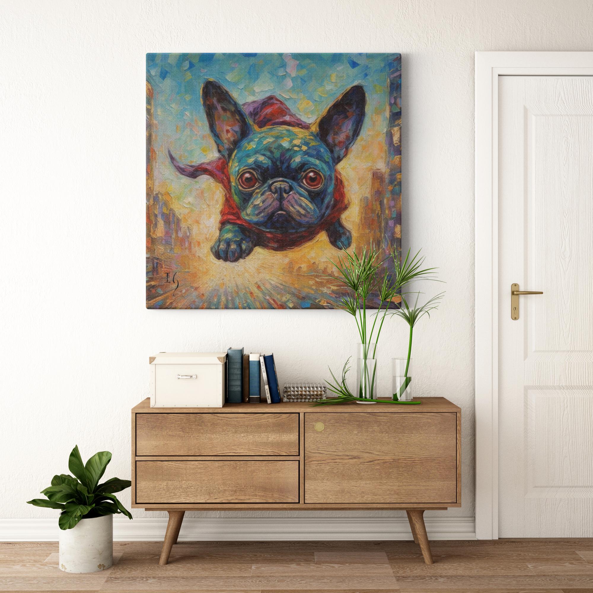 Flight of the Furry Hero artwork detail - colorful pet portrait art wall art