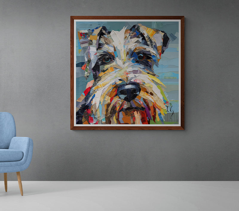 Modern abstract artwork featuring a schnauzer – a symphony of color patches and bold strokes telling a heartwarming tale.