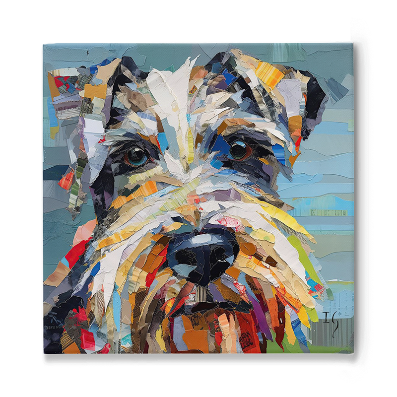 Expressive schnauzer portrait painting – intricate textures and a mosaic of colors capturing a dog's contemplative gaze.