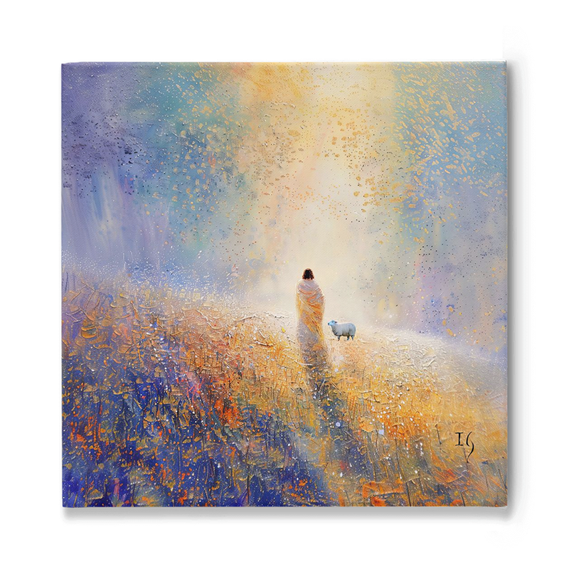Serene painting of Jesus walking with a sheep towards a light in a textured, colorful landscape.
