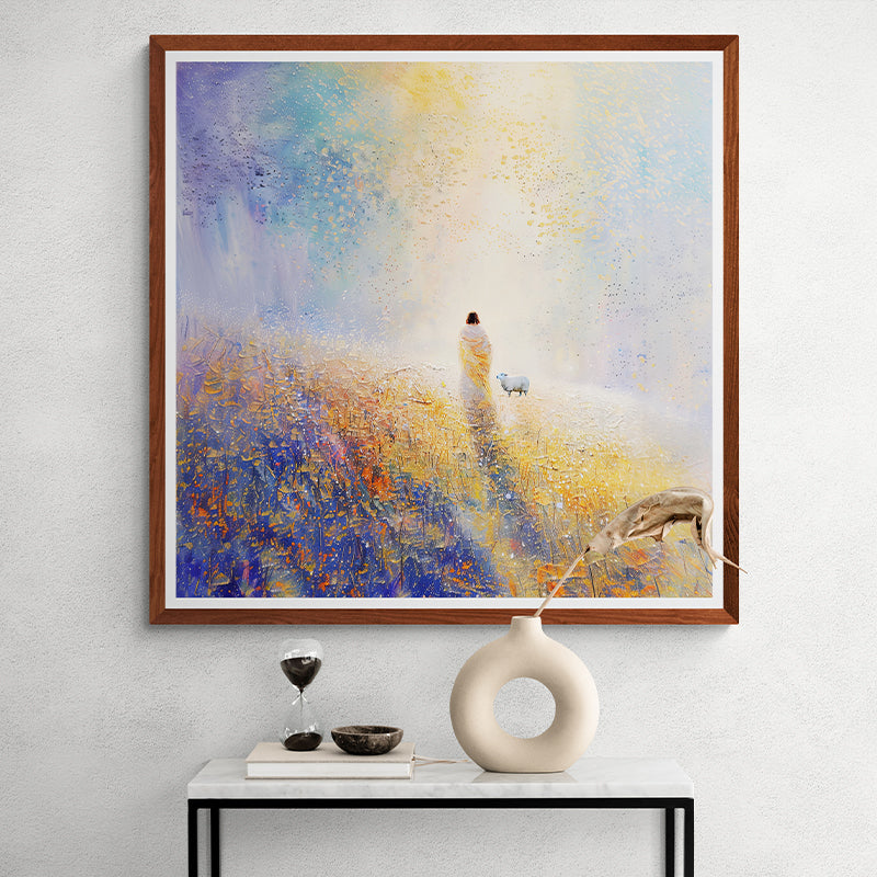 Decorative art featuring Jesus and a sheep on a colorful path, hanging over a minimalistic table.