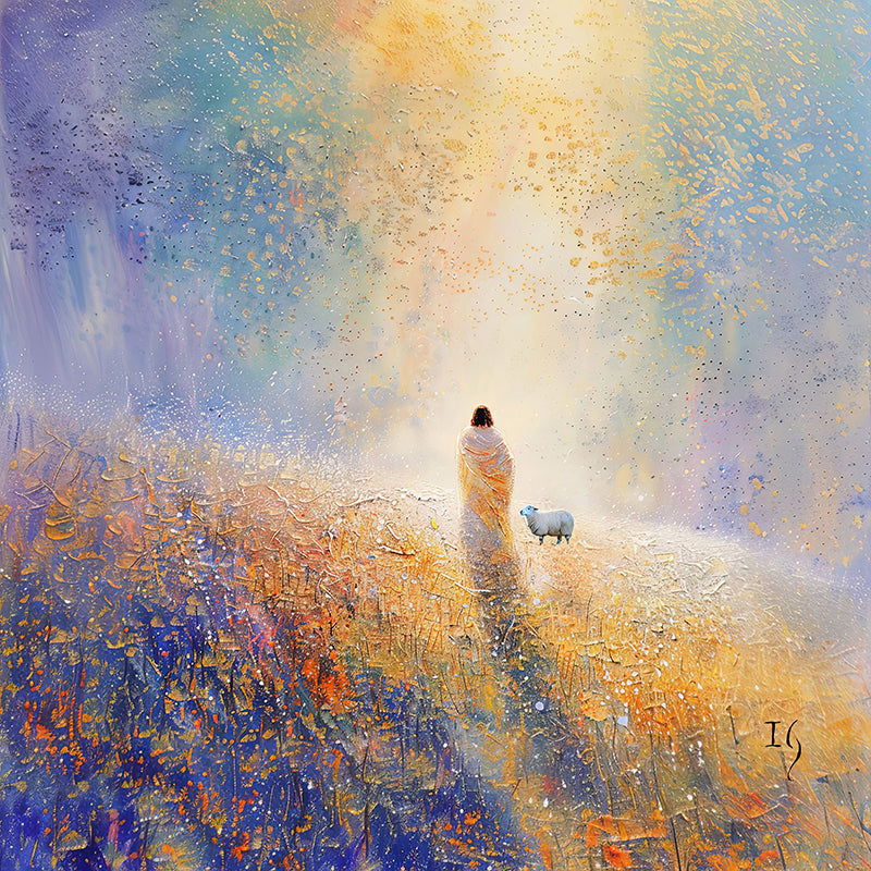 Abstract artwork of Jesus and a sheep on a path, illuminated by soft light and vibrant colors.