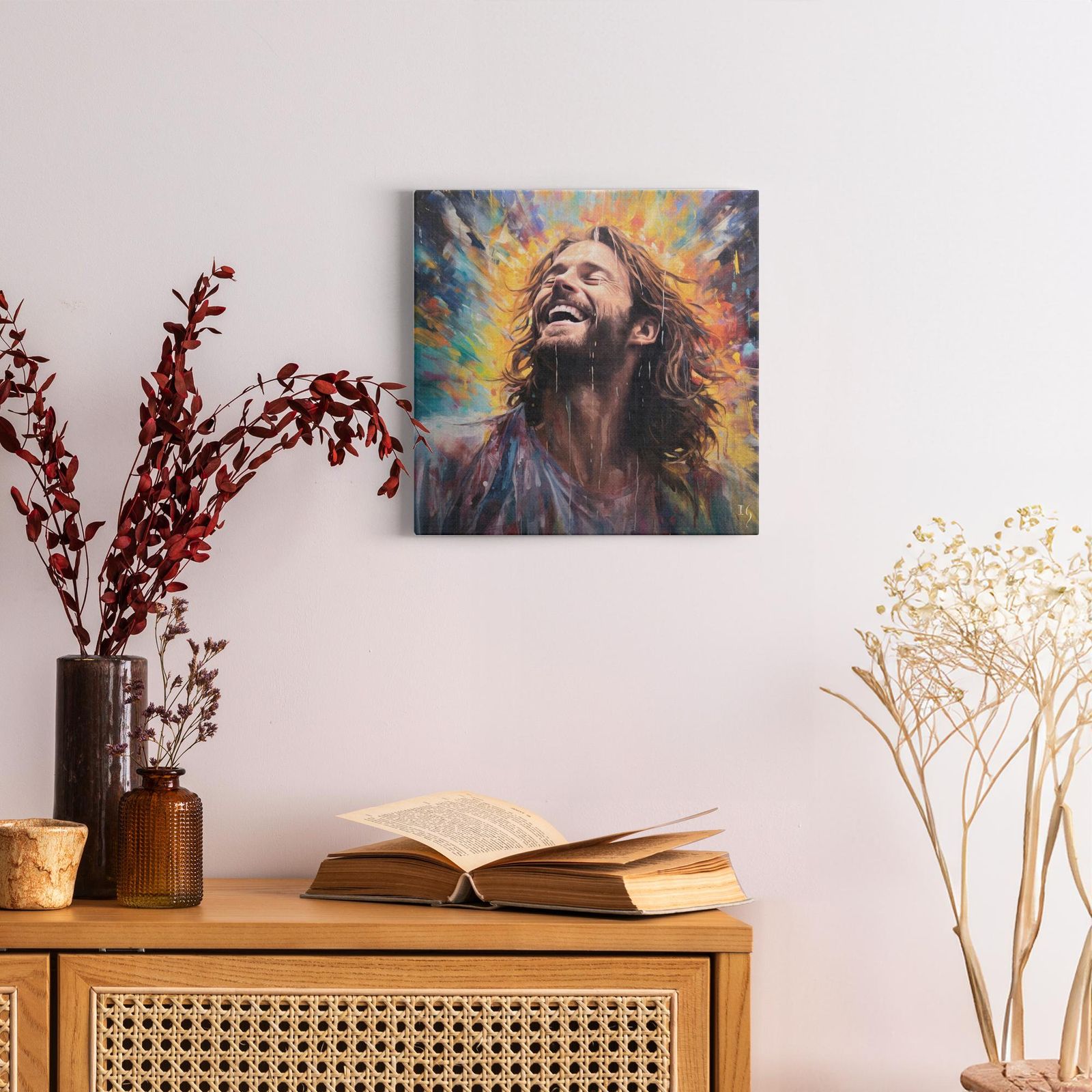 Jesus - Rapture in Rain and Radiance artwork detail - smiling Jesus painting wall art