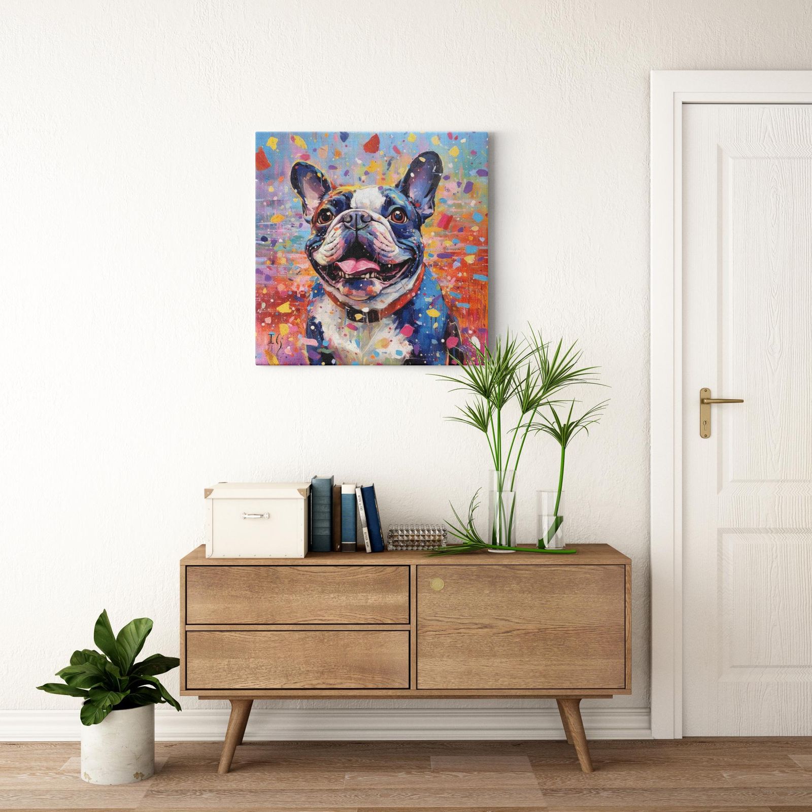 Joie De Vivre - Playful Frenchie artwork detail - colorful pet portrait art wall art
