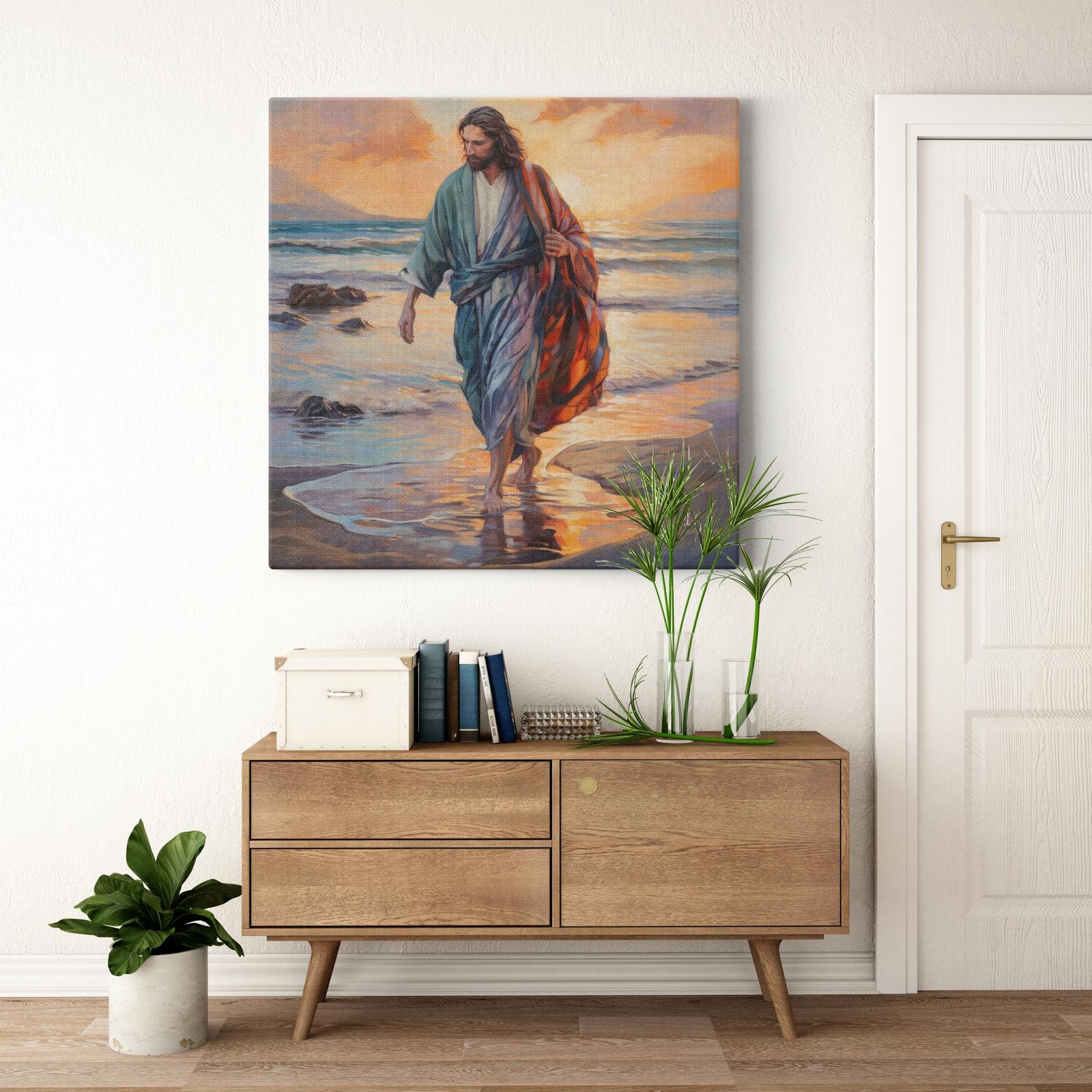 Footprints of Faith artwork detail - smiling Jesus painting wall art