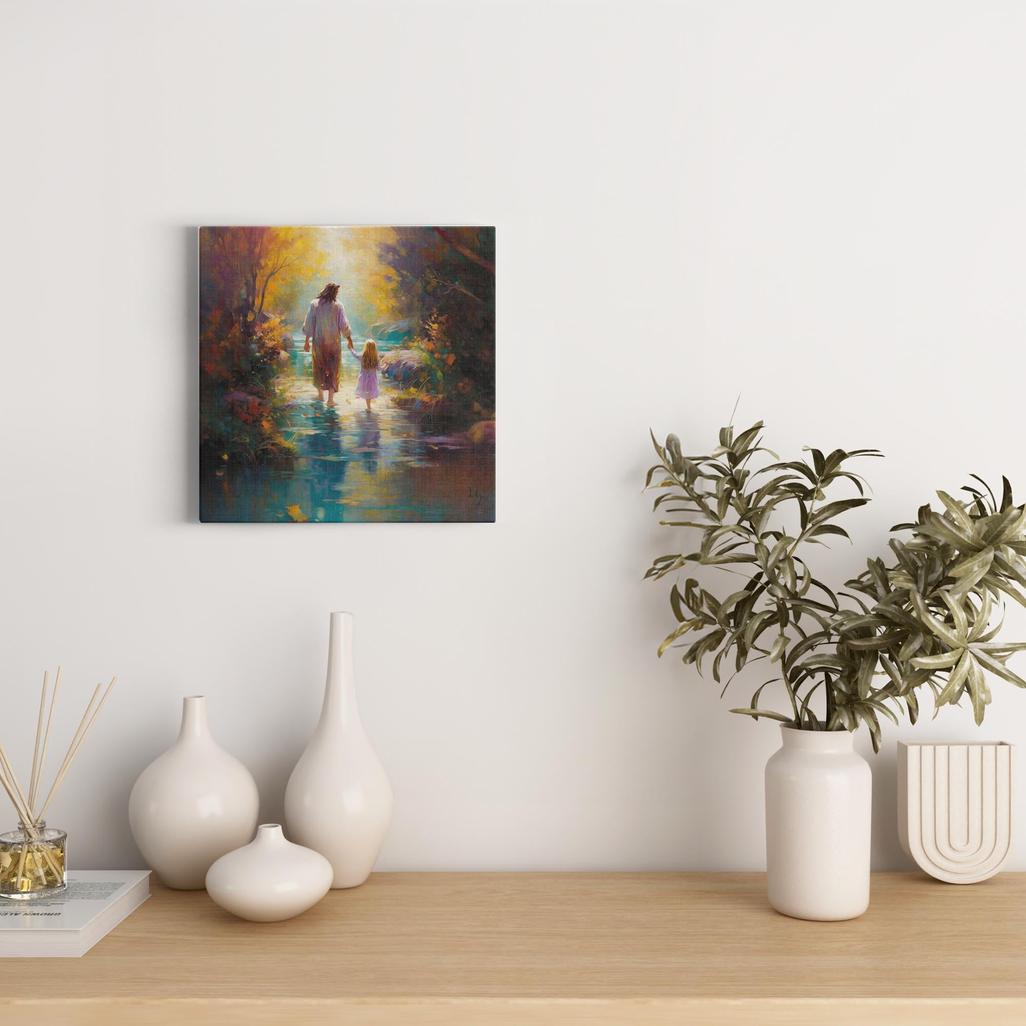 Autumn's Embrace: Walk of Whispers artwork detail - smiling Jesus painting wall art