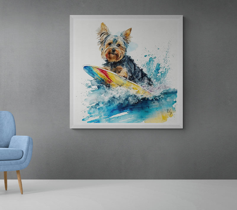Artistic portrayal of a confident Yorkshire Terrier surfing with determination, captured amidst energetic water splashes and a gradient of cool blue tones.