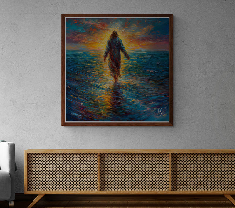 Framed artwork of Jesus walking on the ocean at sunset, with vibrant colors, in a serene room.