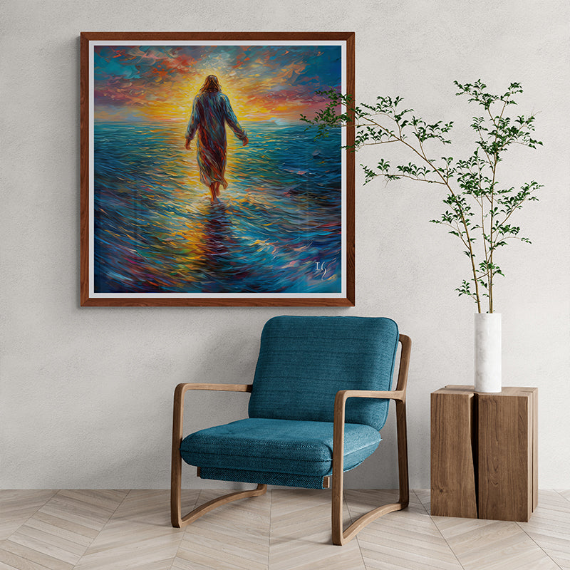 Vibrant painting of Jesus walking on water at sunset, framed on a wall.
