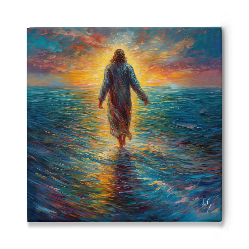 Jesus walking on water towards a radiant sunset in vibrant colors.