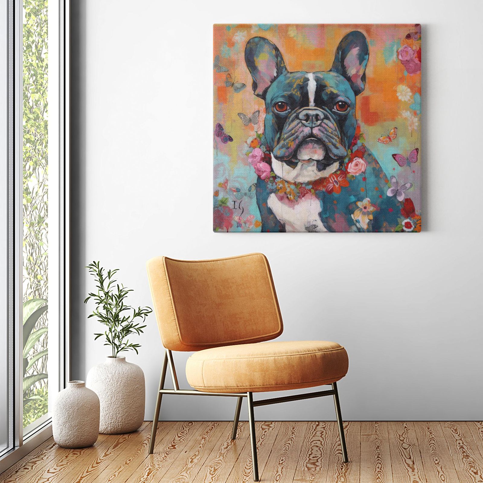 Blossoming Bulldog Brilliance artwork detail - colorful pet portrait art wall art