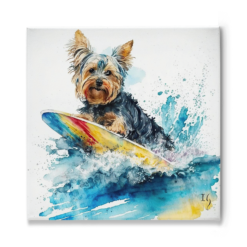 Expressive watercolor painting of a Yorkie dog mastering the waves on a rainbow surfboard, surrounded by splashes of vibrant blues and detailed fur textures.