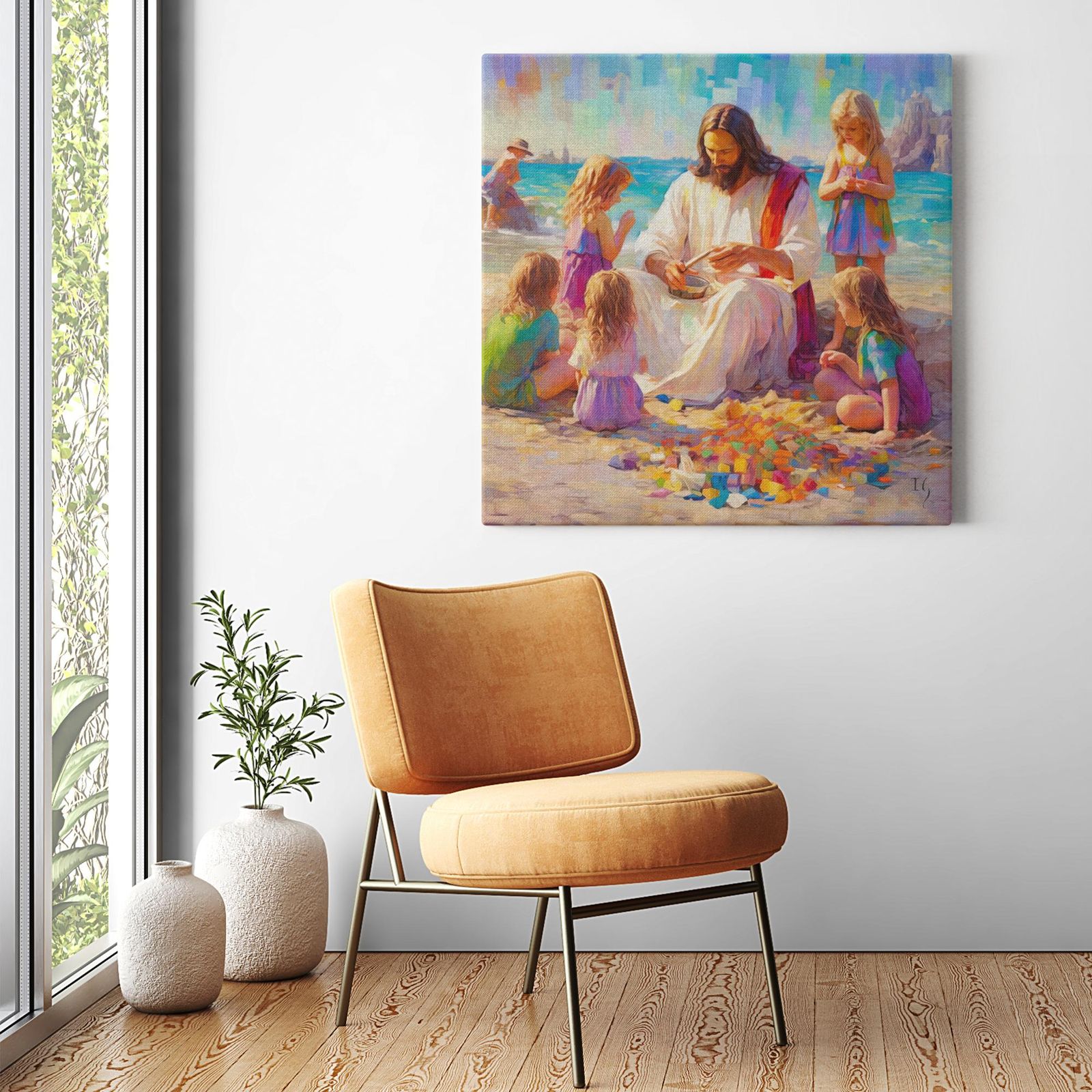 Sands of Serenity: Joyful Teachings artwork detail - smiling Jesus painting wall art