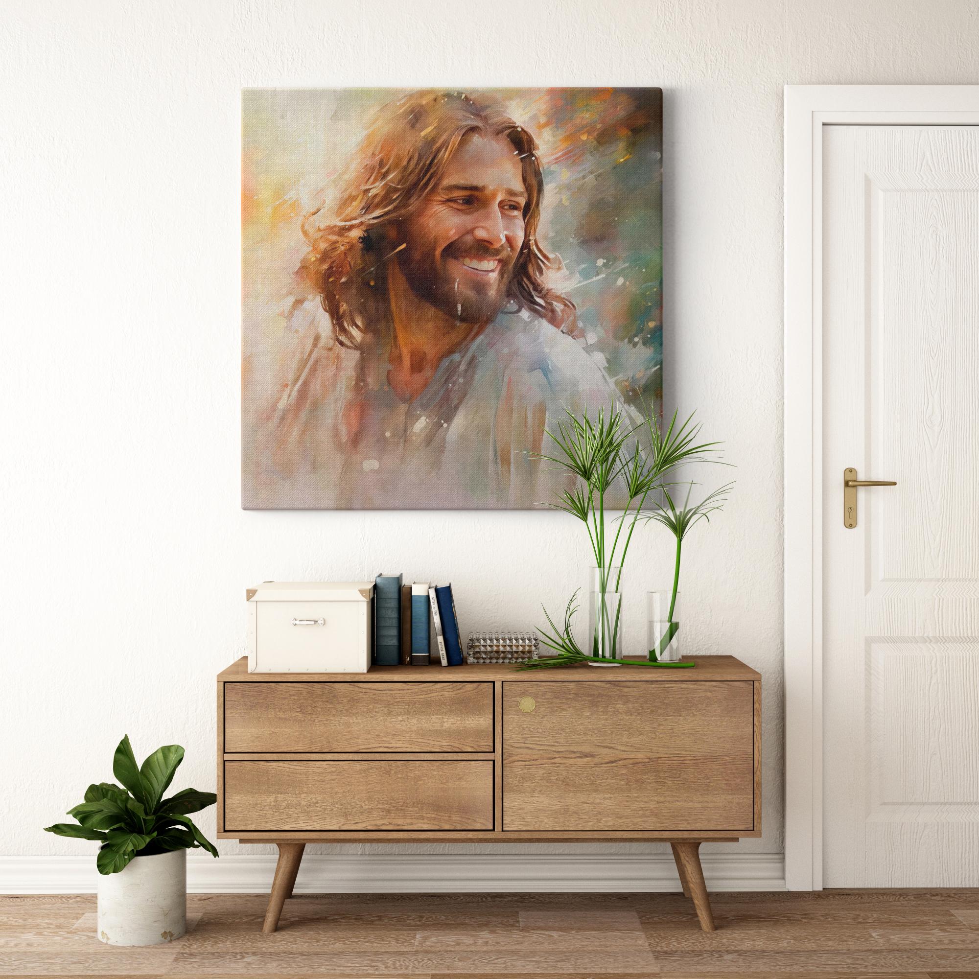 Jesus - Dawn's Gentle Embrace artwork detail - smiling Jesus painting wall art