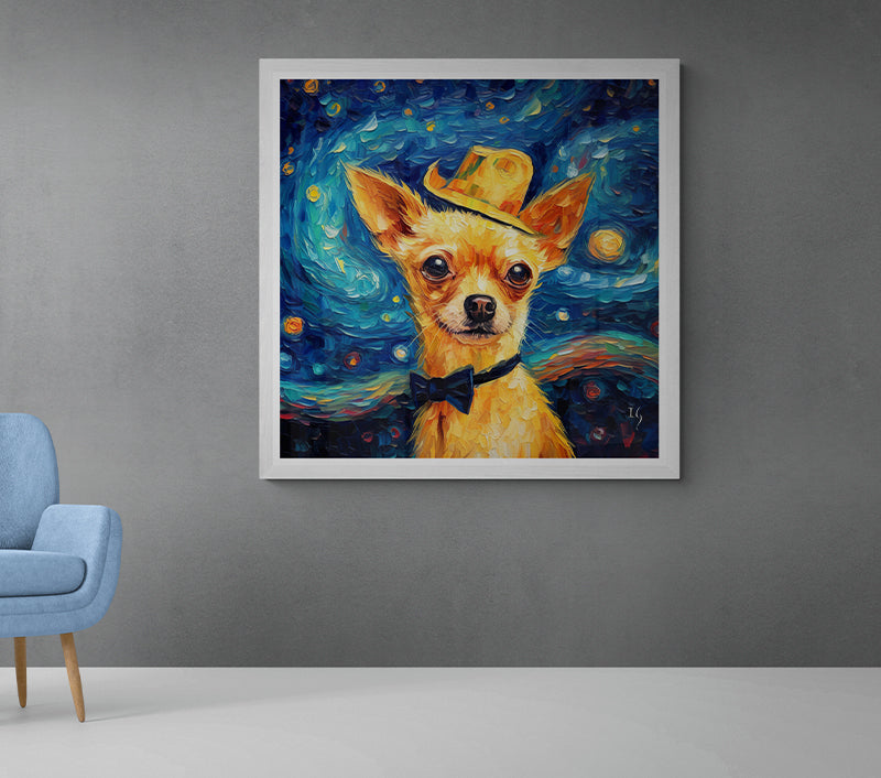Portrait of a poised Chihuahua, eyes full of depth, wearing a sophisticated hat and bowtie, with the rich, swirling blues and luminescent orbs of the background evoking classic masterpiece vibes.