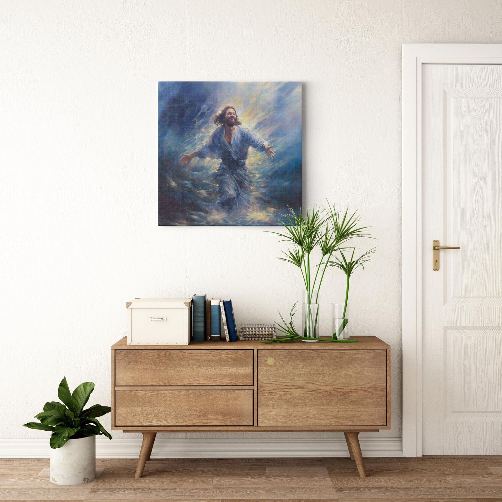 Calmly Conquering the Currents artwork detail - smiling Jesus painting wall art