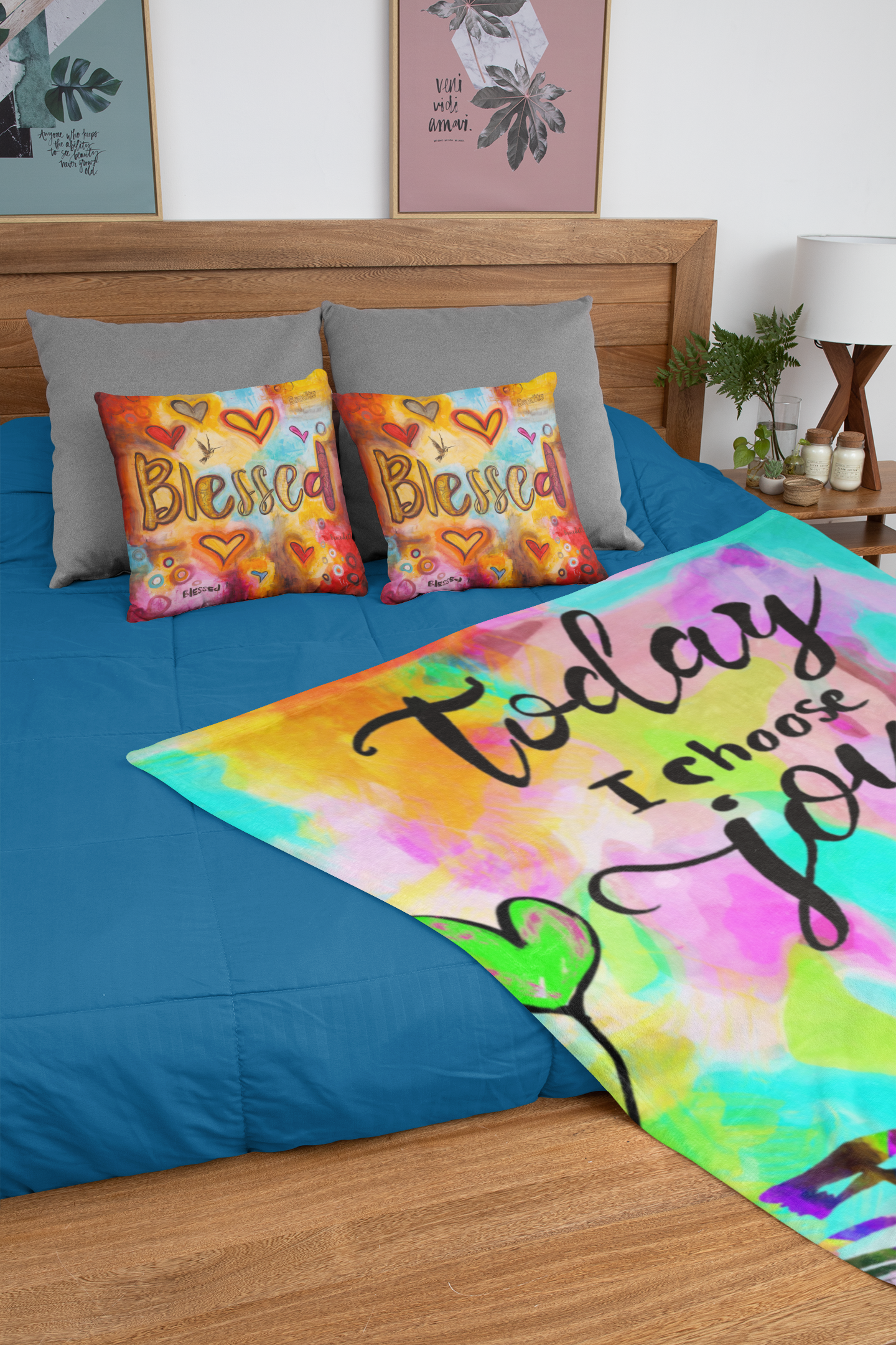 Today I Choose Joy Minky Blankets canvas print in room setting - christian blanket by Ivan Guaderrama