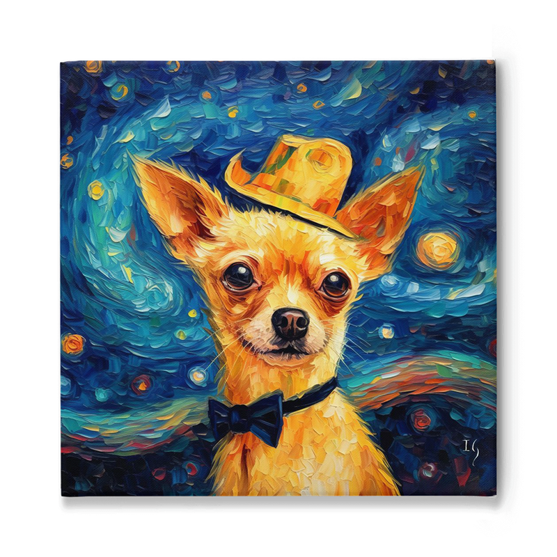 An elegant Chihuahua adorned with a dapper bowtie and a sunlit hat, set against a swirling backdrop reminiscent of Van Gogh's 'Starry Night', radiating a sense of timeless artistry.