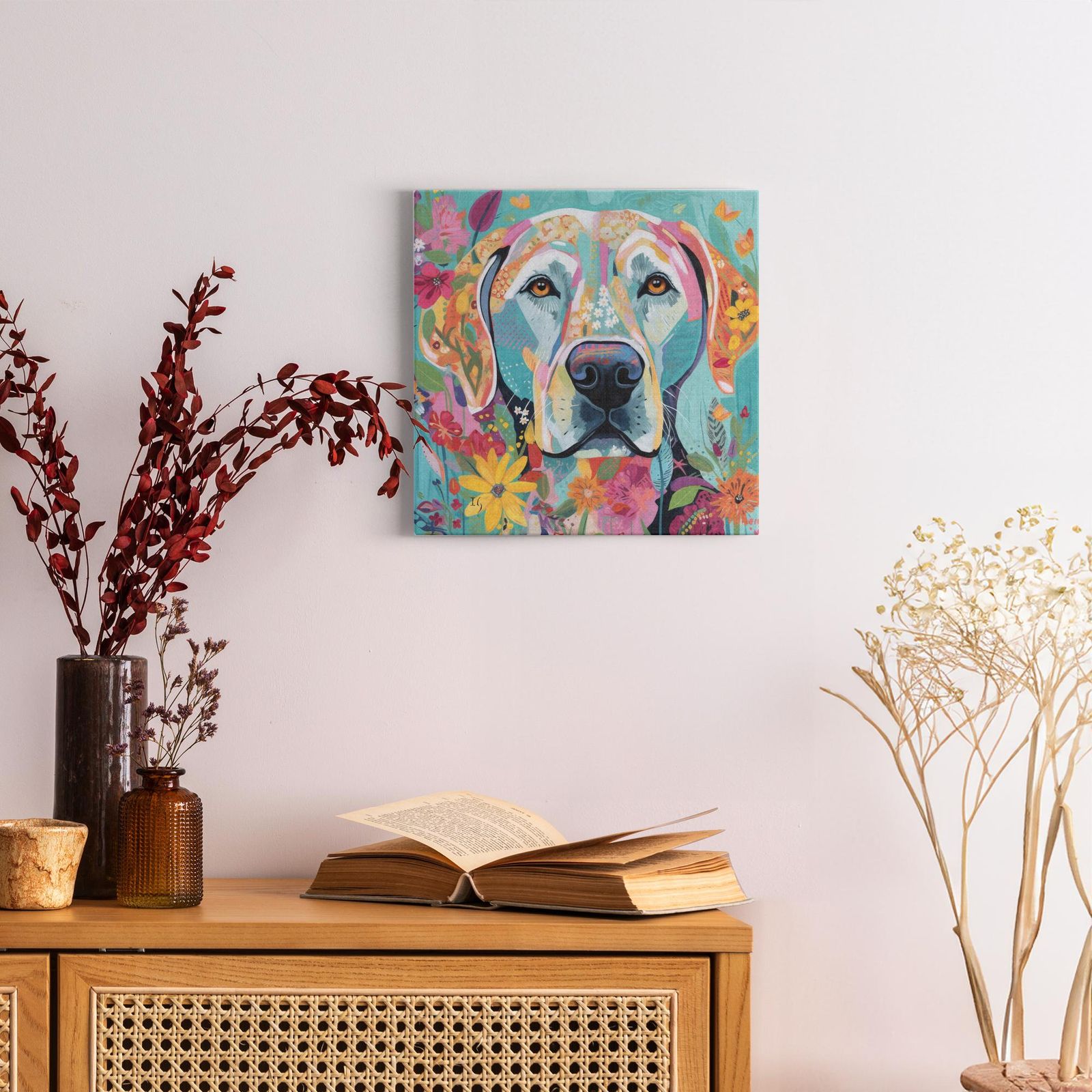 Garden of Companionship artwork detail - colorful pet portrait art wall art