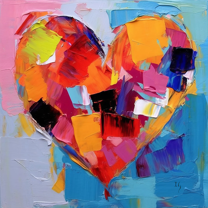 Vivid abstract heart collage painting, a dynamic expression of love's vibrant emotions, suited for modern decor.