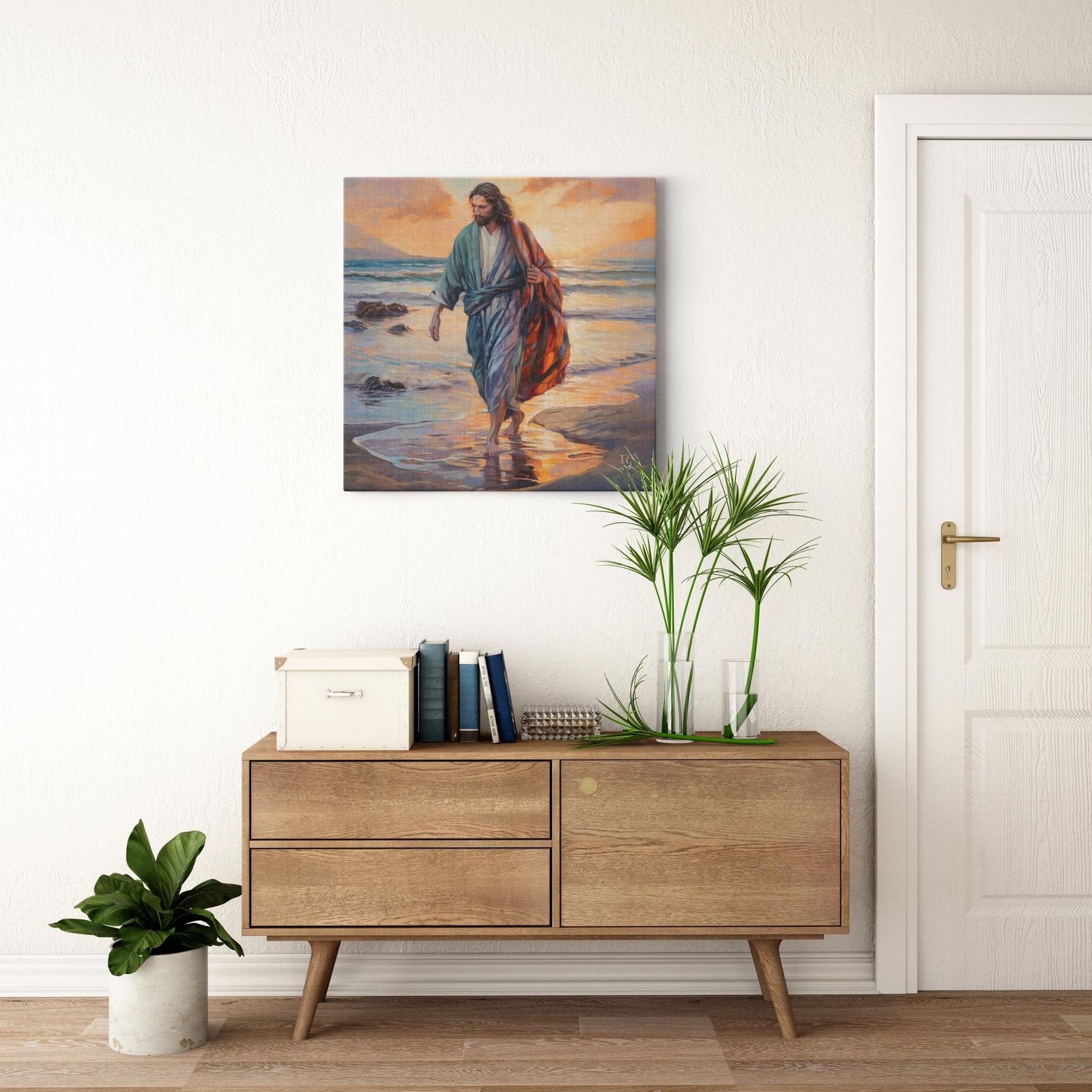 Footprints of Faith artwork detail - smiling Jesus painting wall art