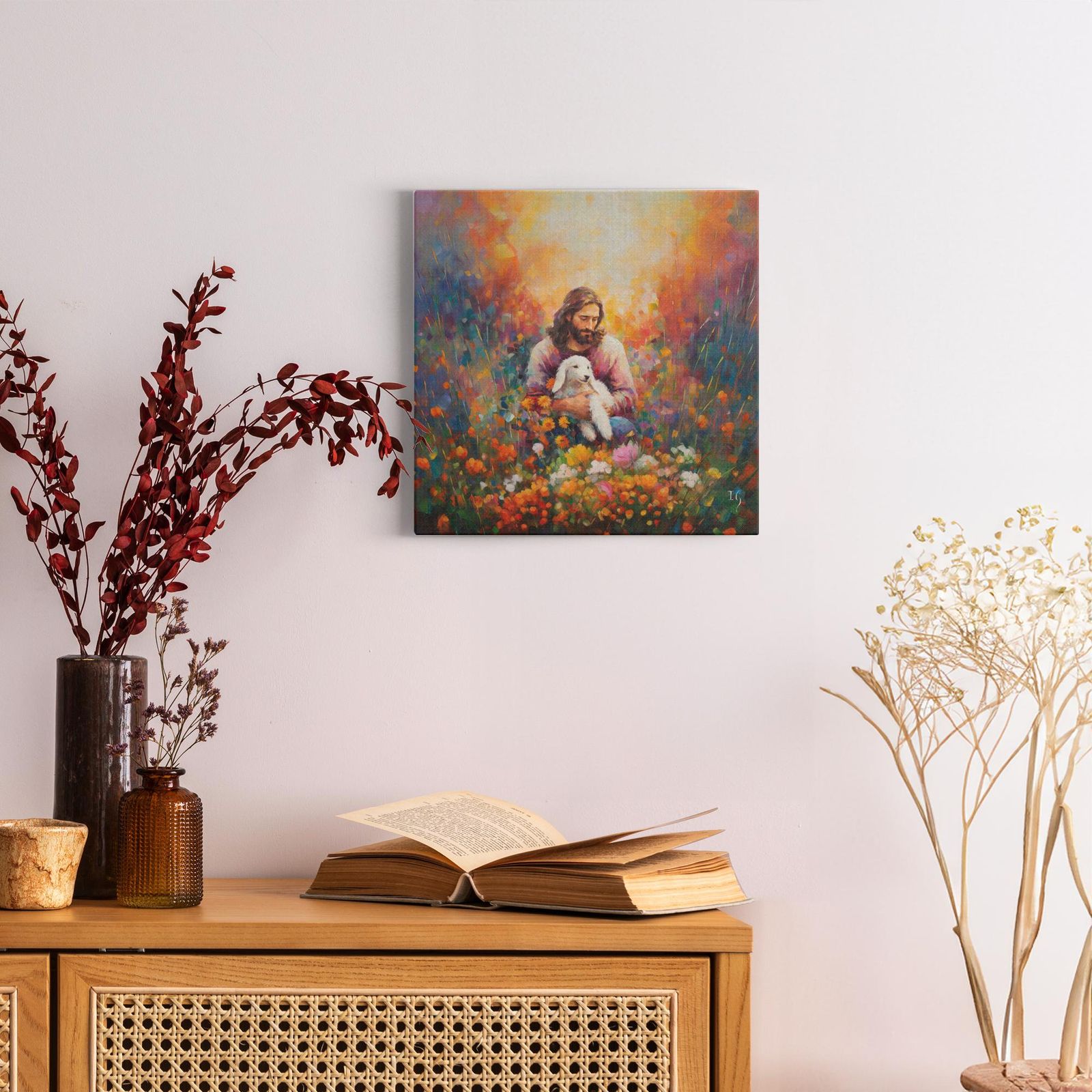 Jesus in the Midst of Serenity artwork detail - smiling Jesus painting wall art