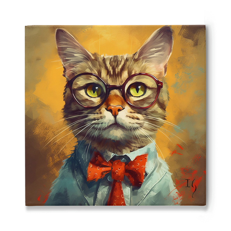 Elegant feline with a scholarly demeanor, donning round spectacles and a vibrant red bowtie, set against a warm golden background.