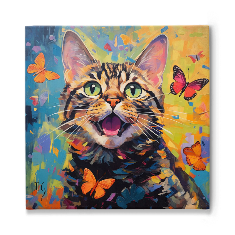 Lively feline portrait bursting with a mosaic of colors, set against a backdrop of whimsical butterflies, reflecting the cat's playful nature and boundless curiosity.