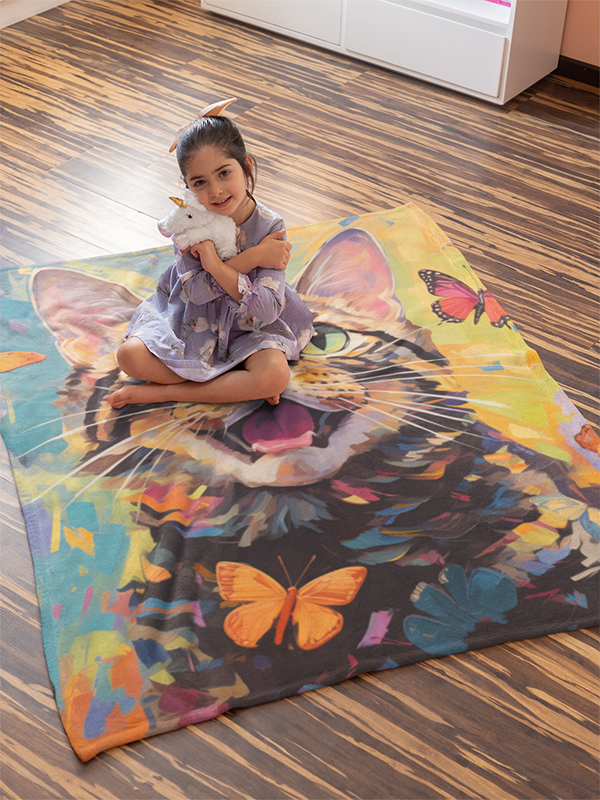 Whispers of Surprise' - A captivating artwork with a cat and monarch butterflies, offering simplistic yet profound beauty