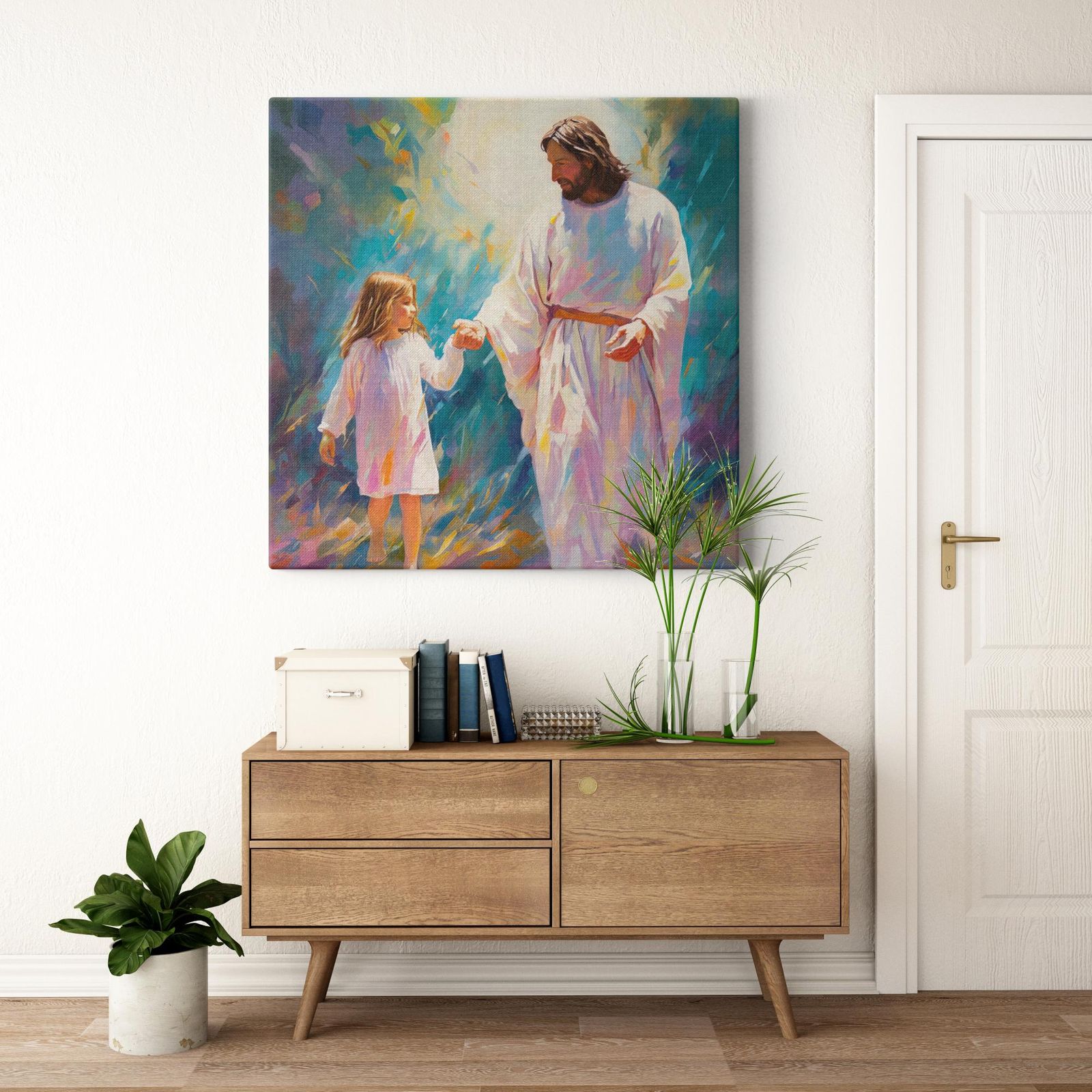 Guiding Light: A Serene Encounter artwork detail - smiling Jesus painting wall art
