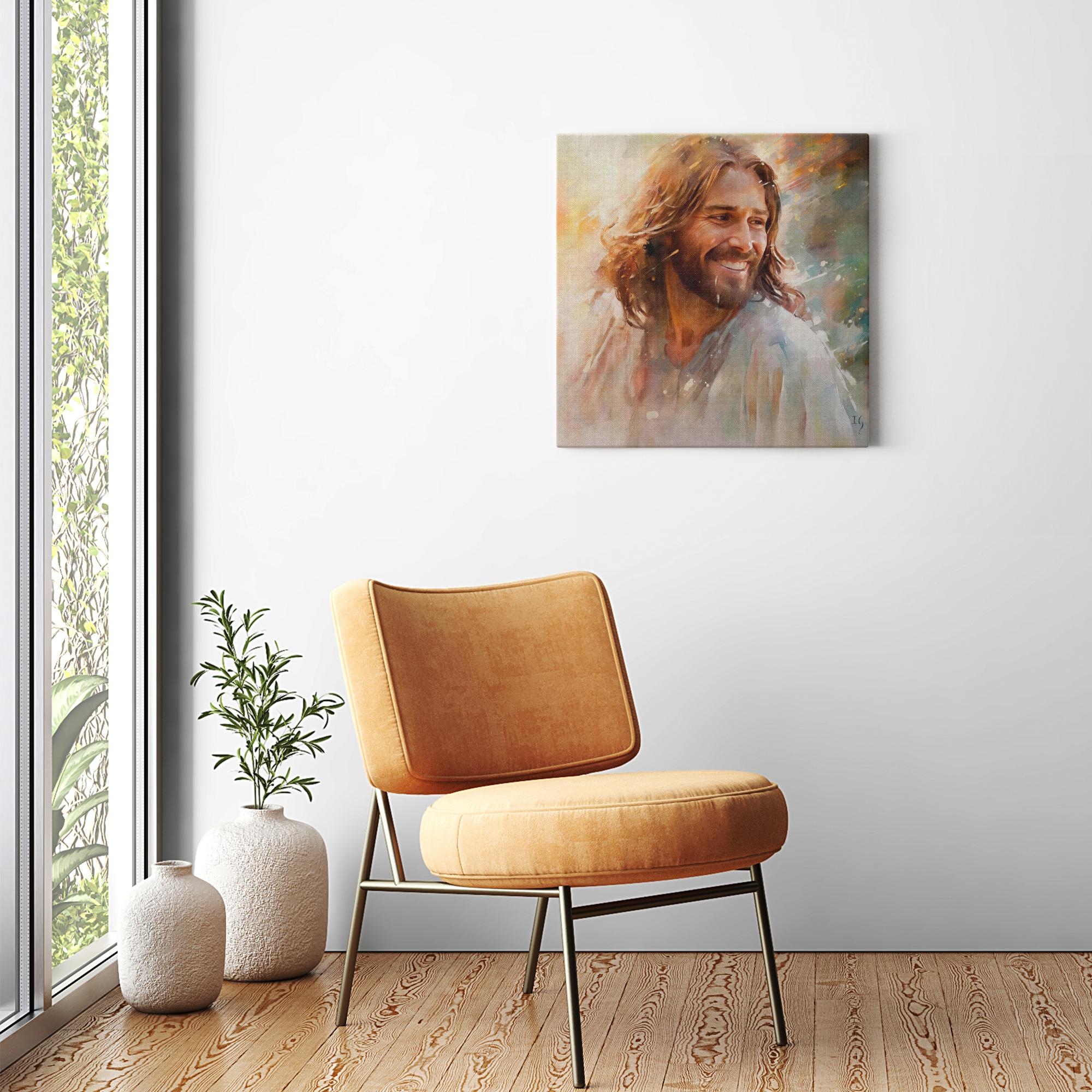 Jesus - Dawn's Gentle Embrace artwork detail - smiling Jesus painting wall art