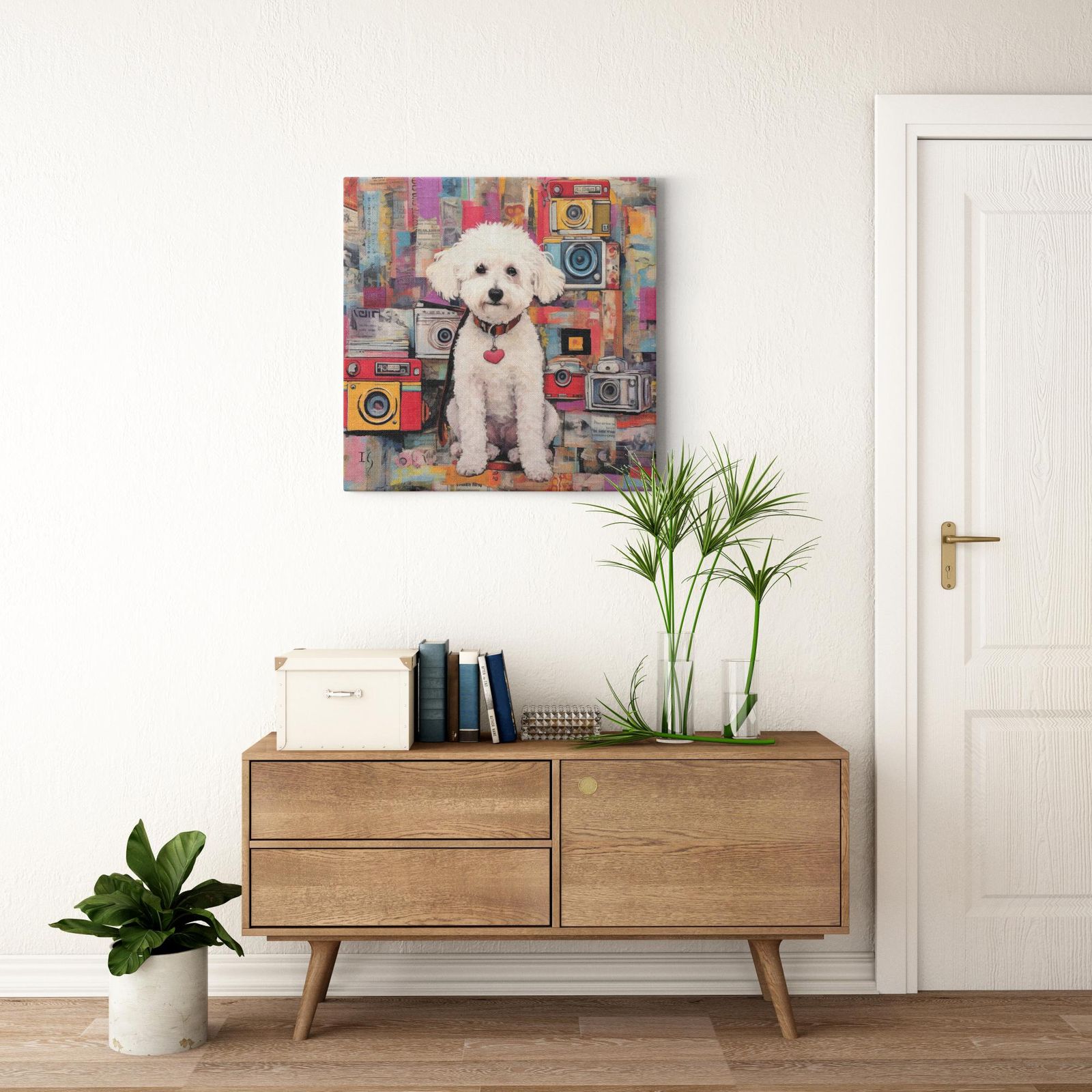 Canine Newsprint Chronicle artwork detail - colorful pet portrait art wall art