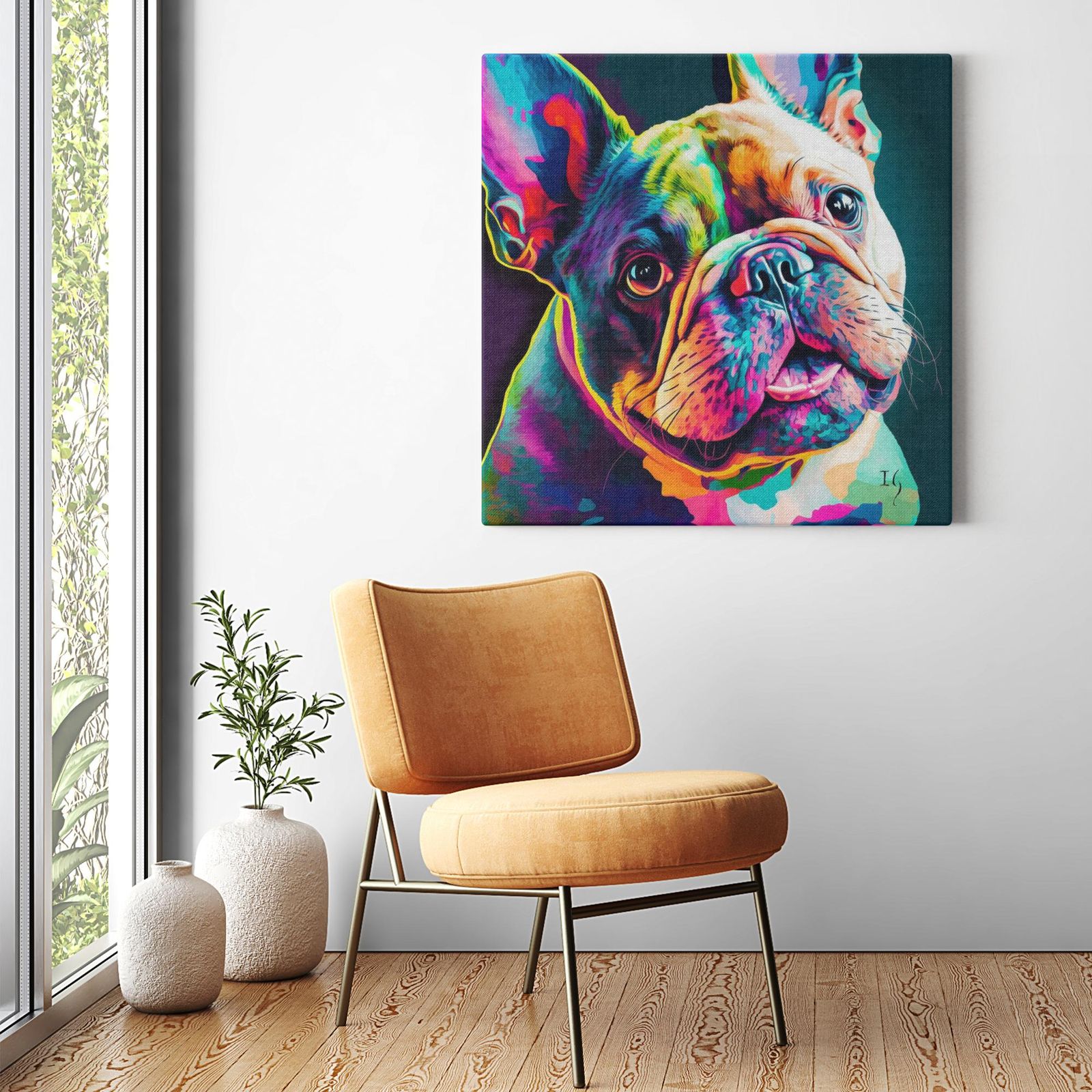 Vivid Bulldog Stare artwork detail - colorful pet portrait art wall art