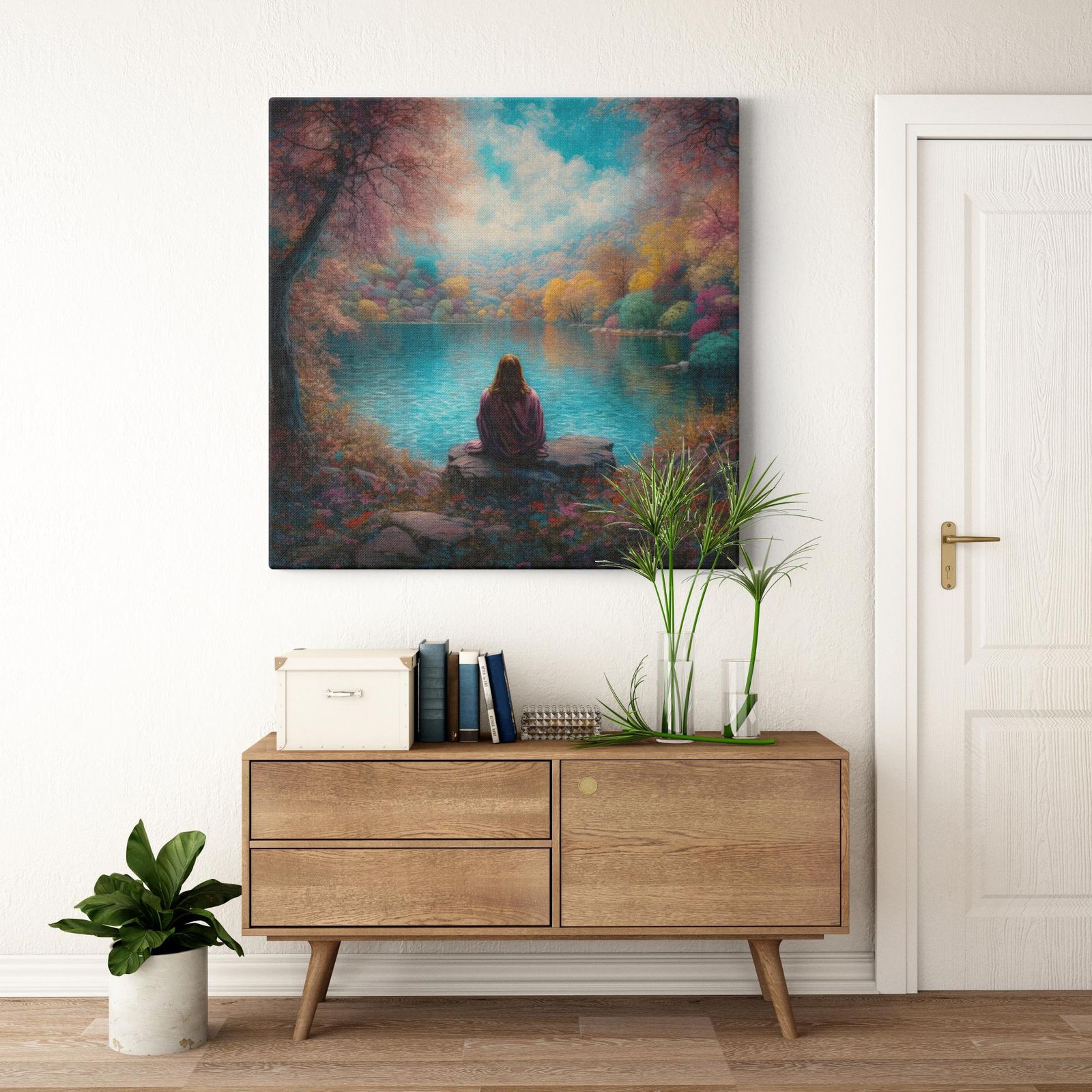 Jesus; Tranquility Embodied on Water artwork detail - smiling Jesus painting wall art
