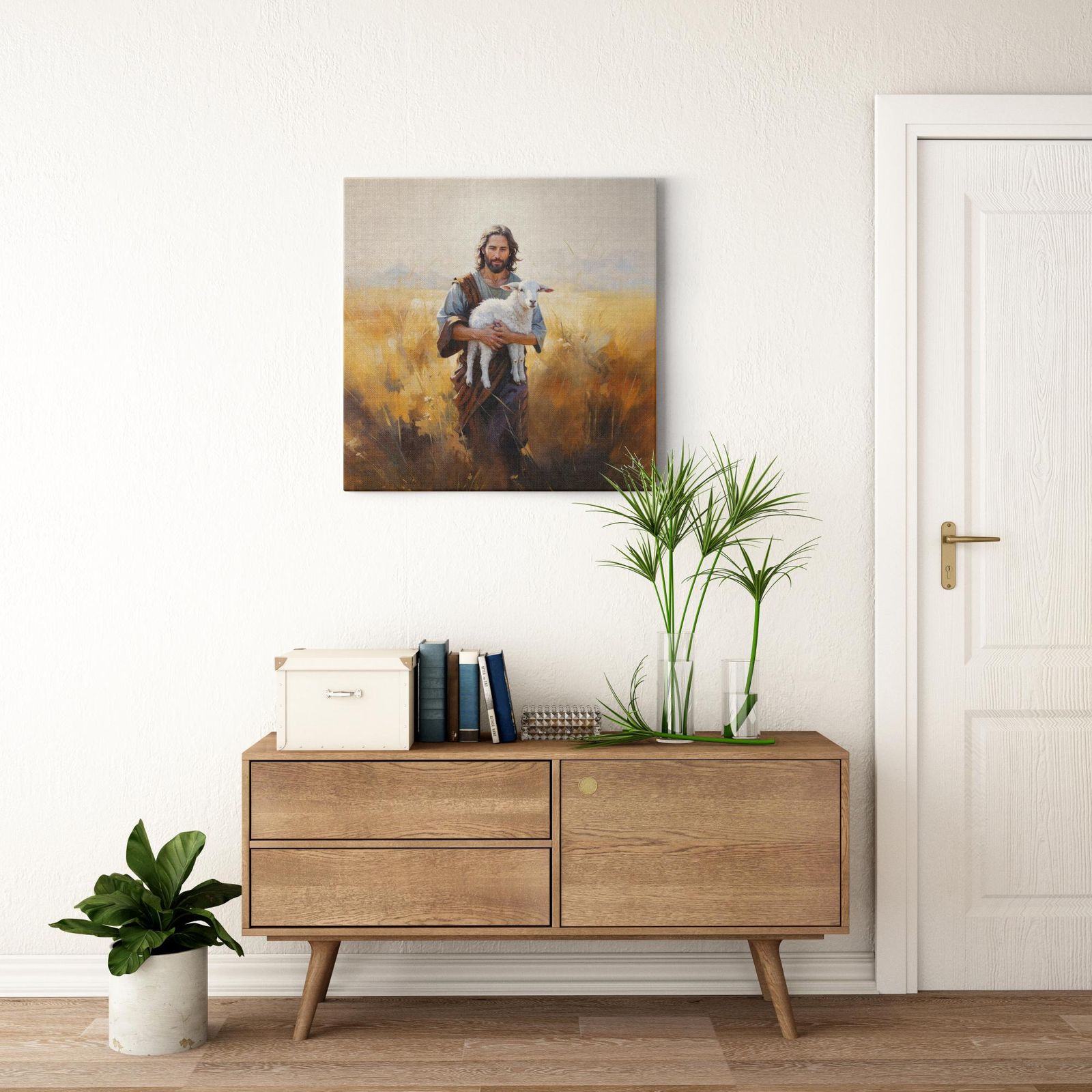 Pastoral Solace artwork detail - smiling Jesus painting wall art