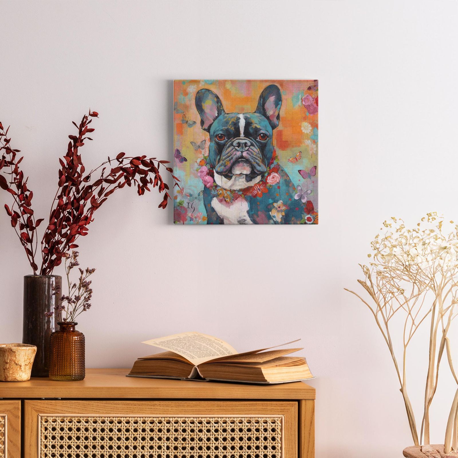 Blossoming Bulldog Brilliance artwork detail - colorful pet portrait art wall art
