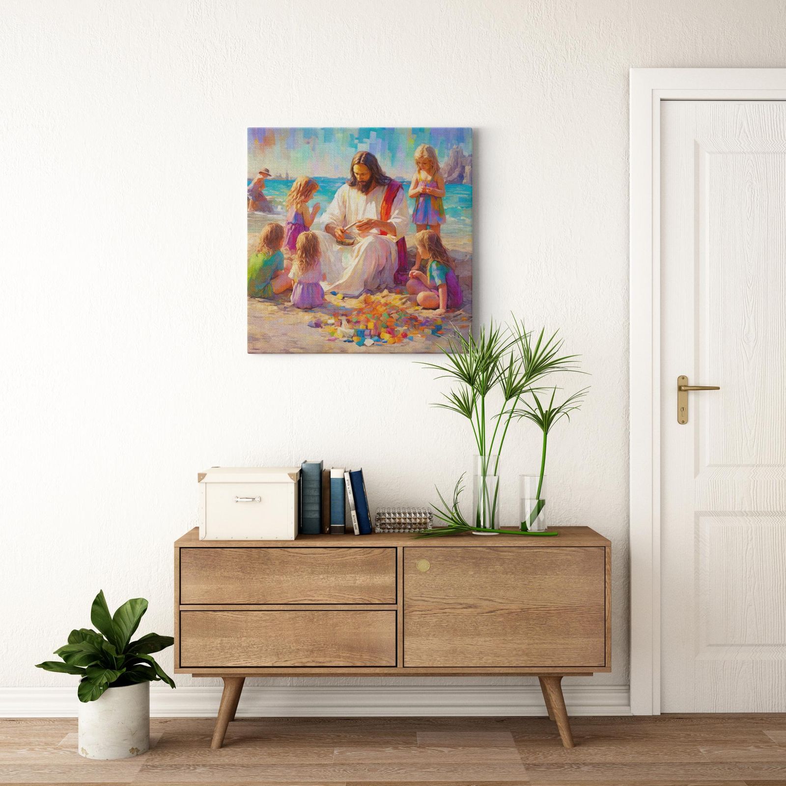 Sands of Serenity: Joyful Teachings artwork detail - smiling Jesus painting wall art