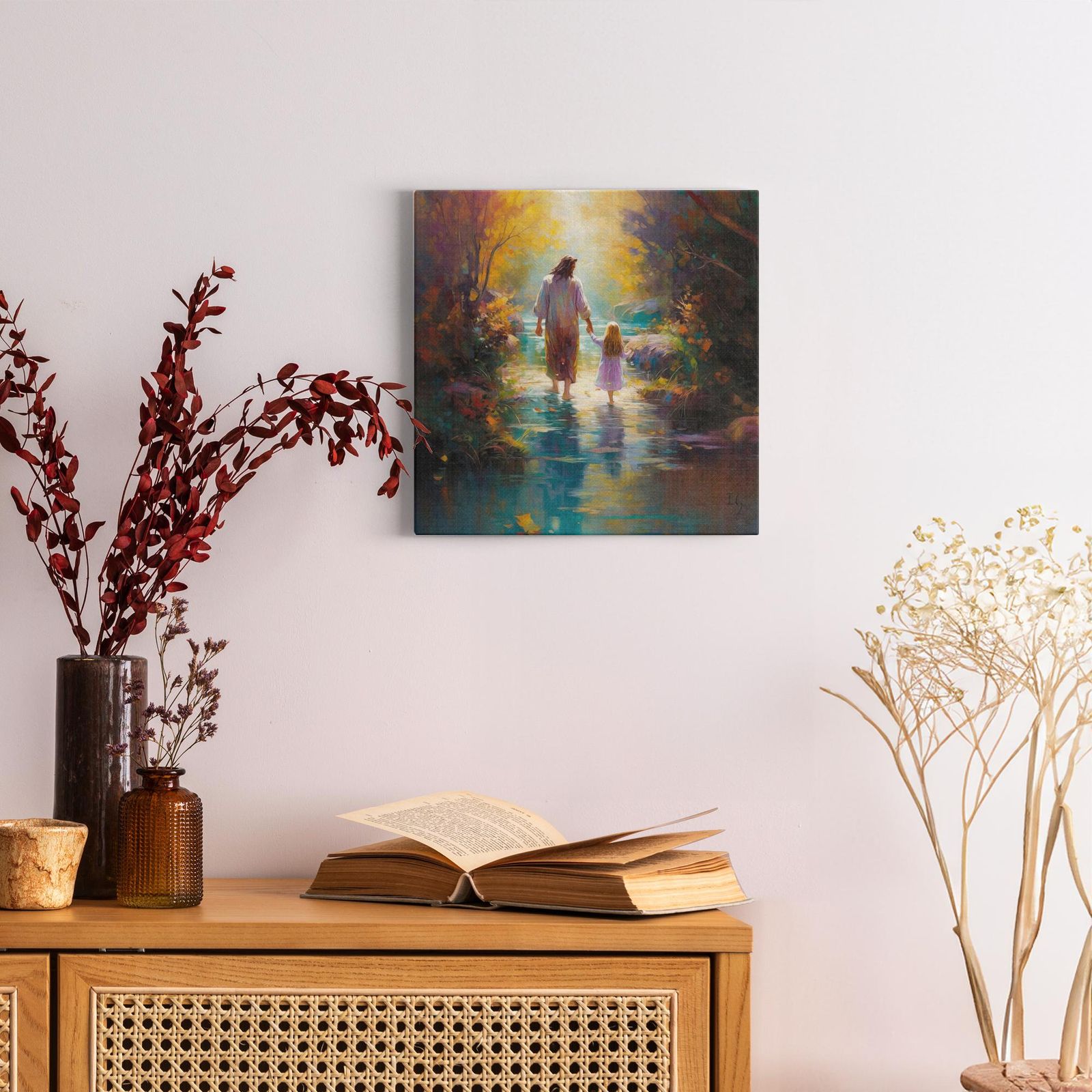 Autumn's Embrace: Walk of Whispers artwork detail - smiling Jesus painting wall art