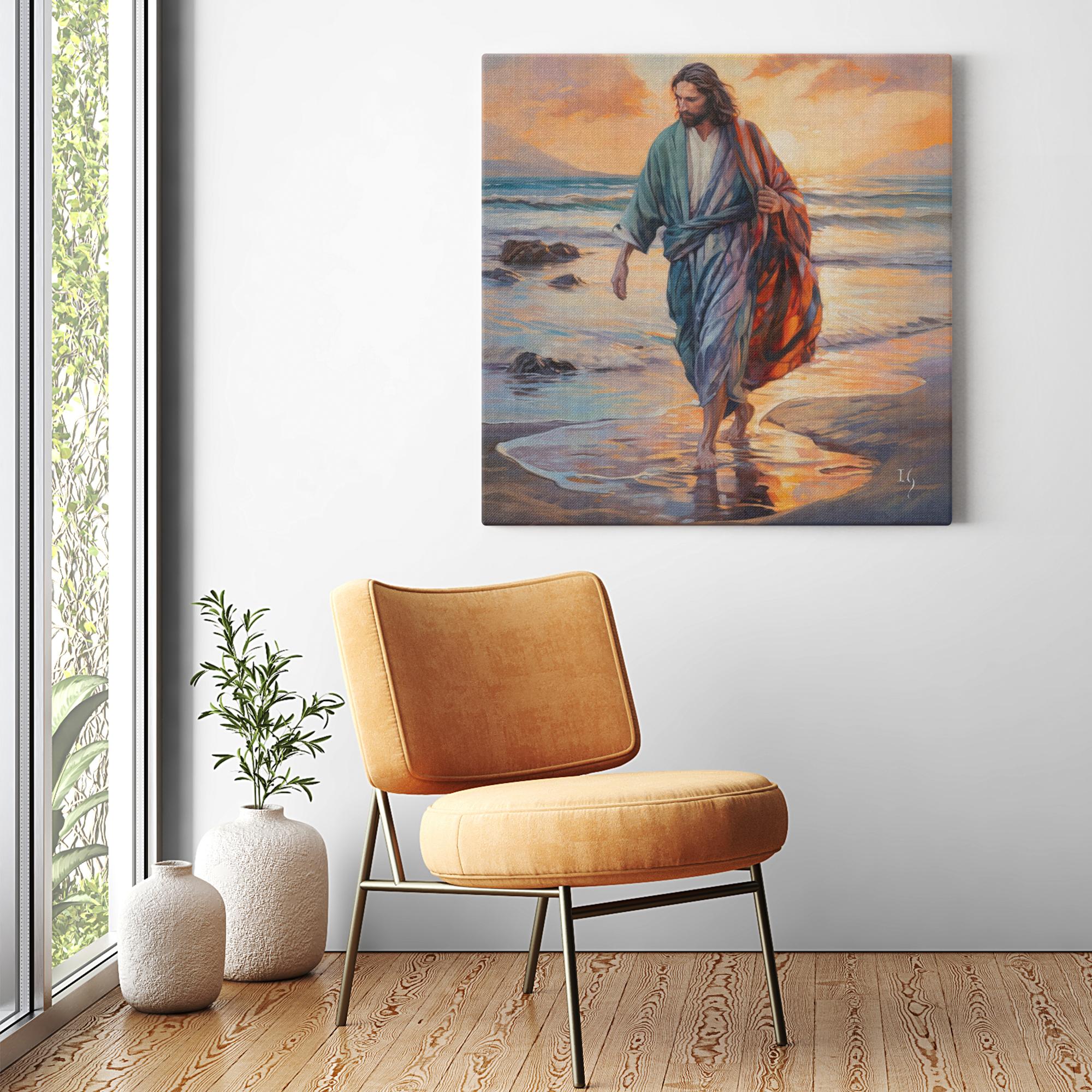 Footprints of Faith artwork detail - smiling Jesus painting wall art
