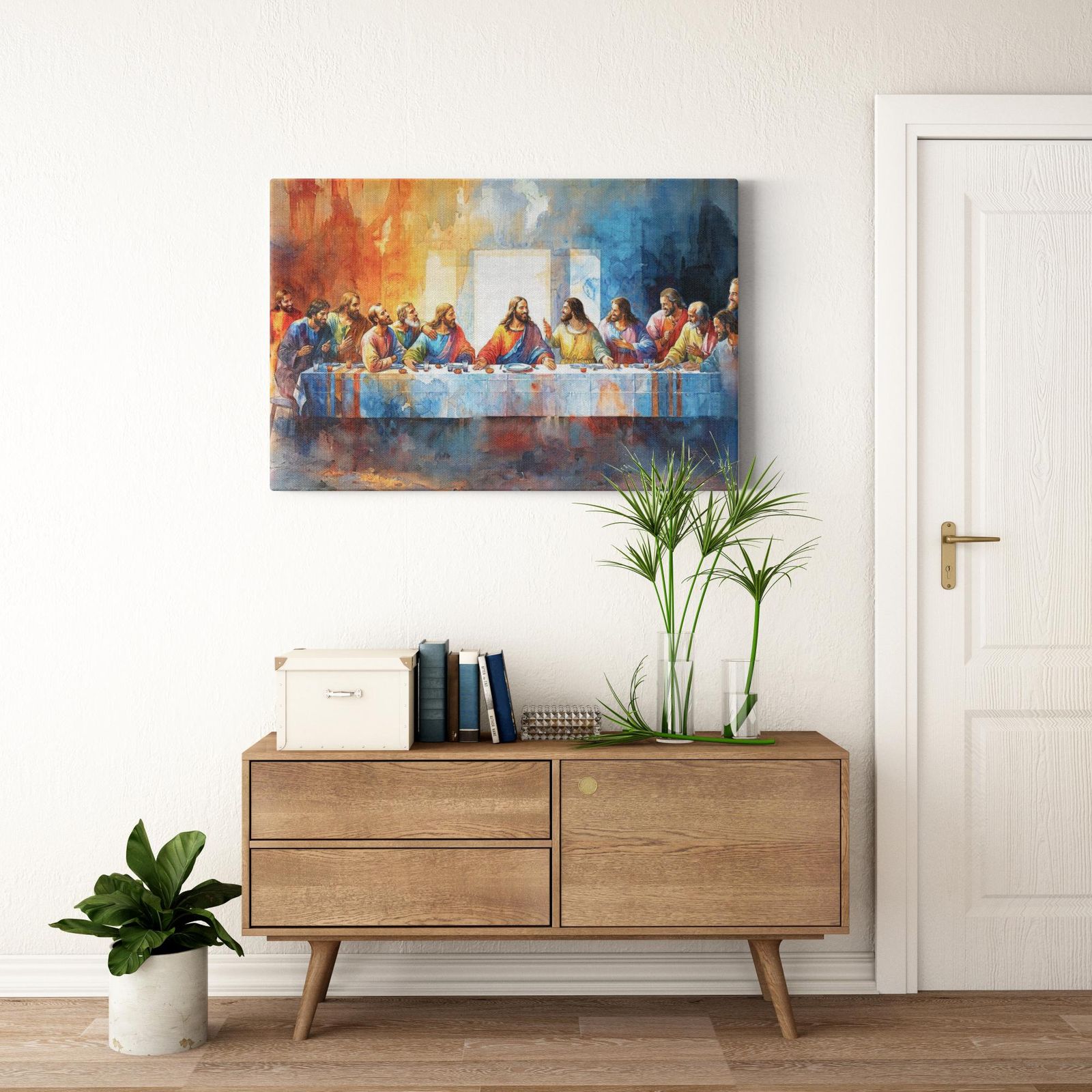 Last Supper - Communion in Color artwork detail - smiling Jesus painting wall art