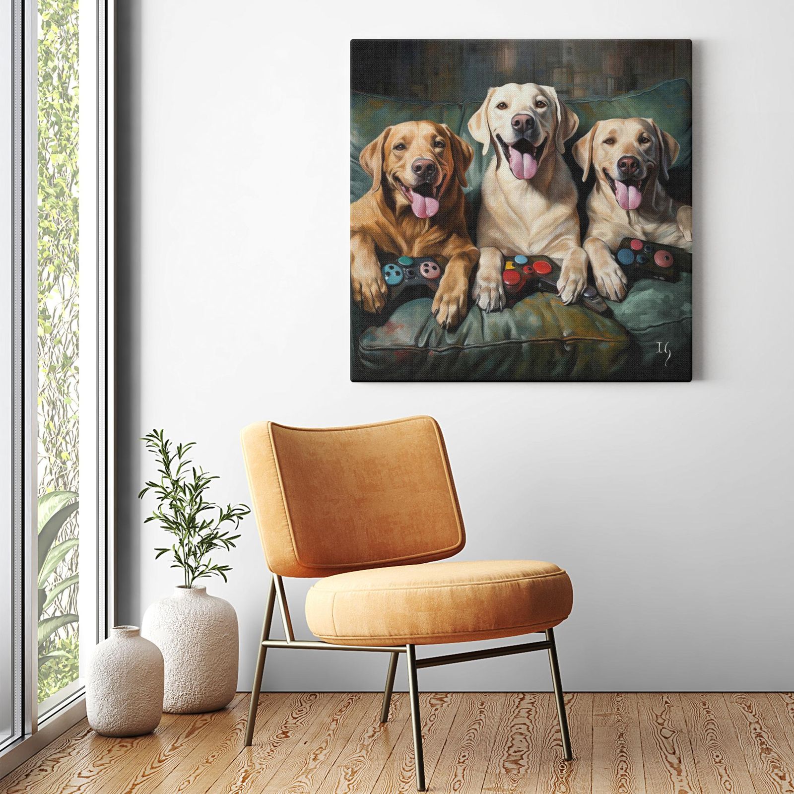 Golden Gaming Joy artwork detail - colorful pet portrait art wall art