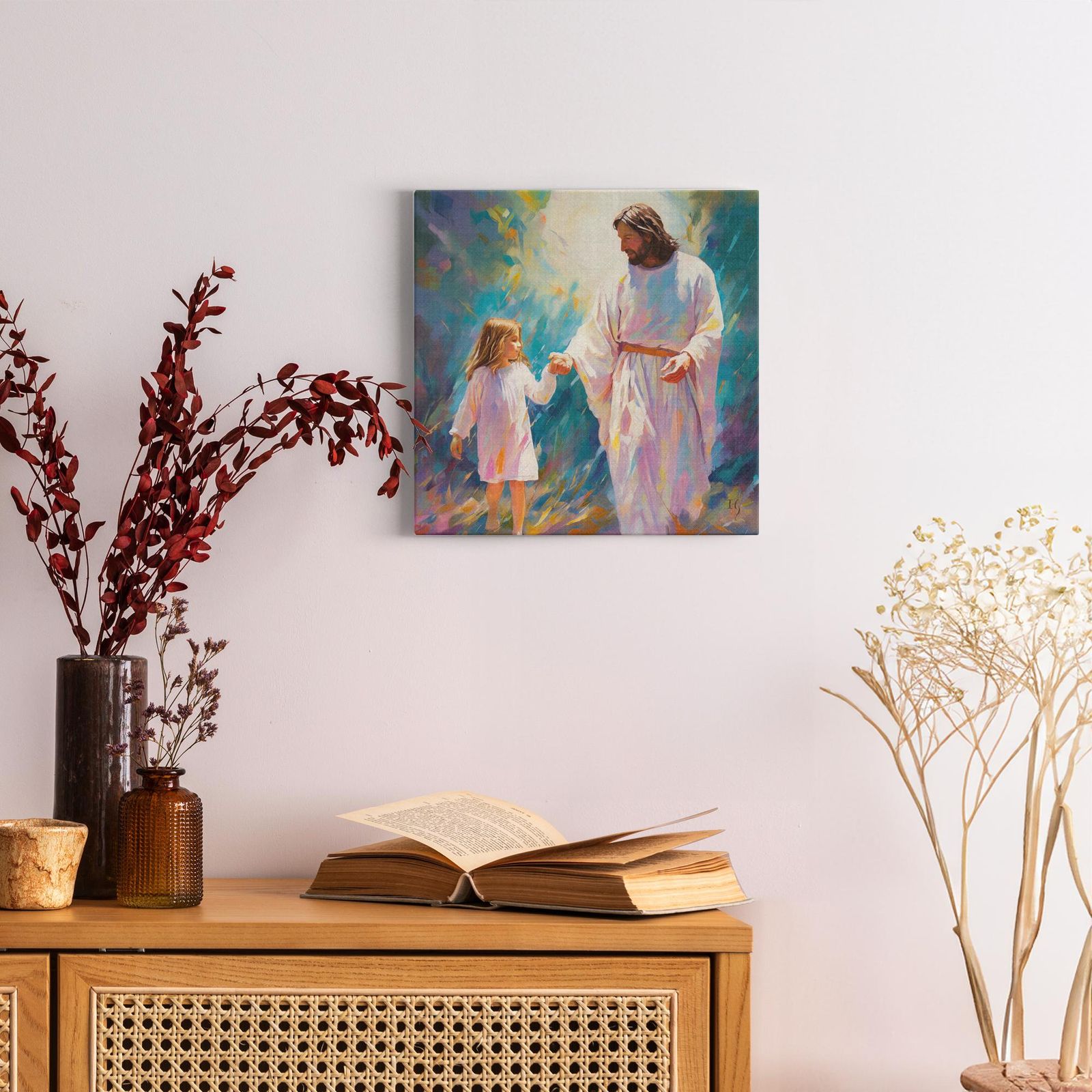 Guiding Light: A Serene Encounter artwork detail - smiling Jesus painting wall art
