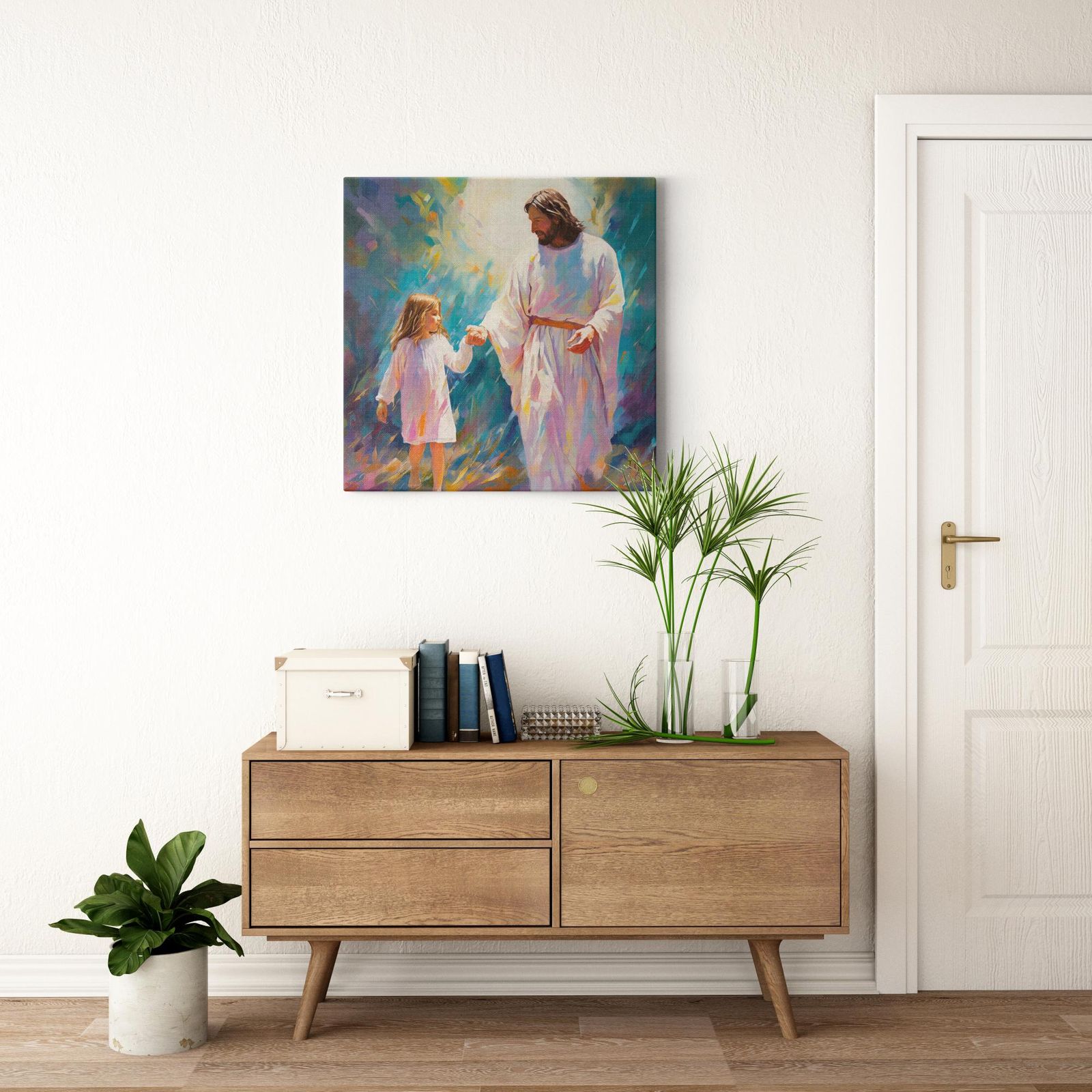 Guiding Light: A Serene Encounter artwork detail - smiling Jesus painting wall art